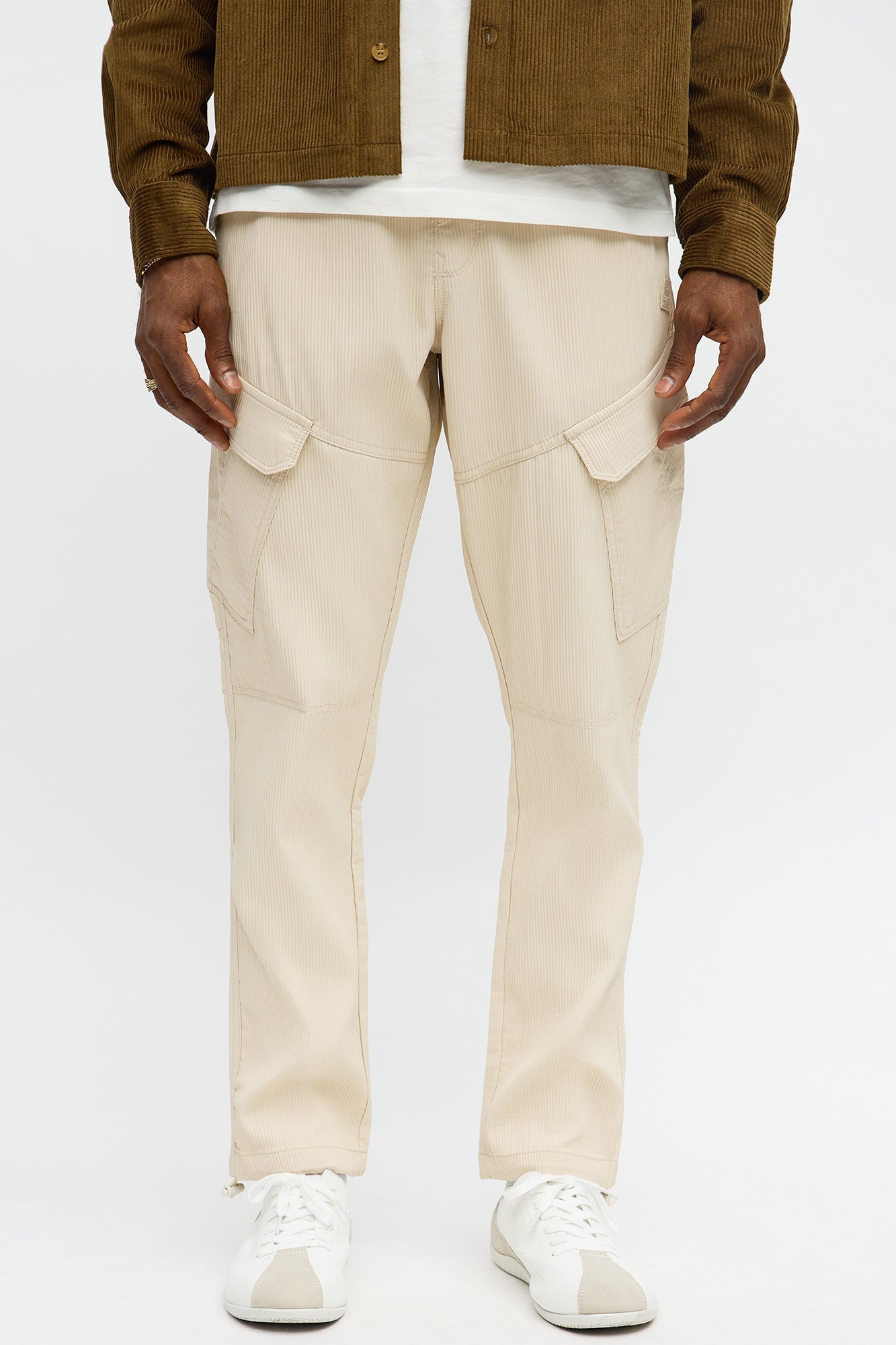 Slim Slanted Cargo Ribbed Pants - Cream