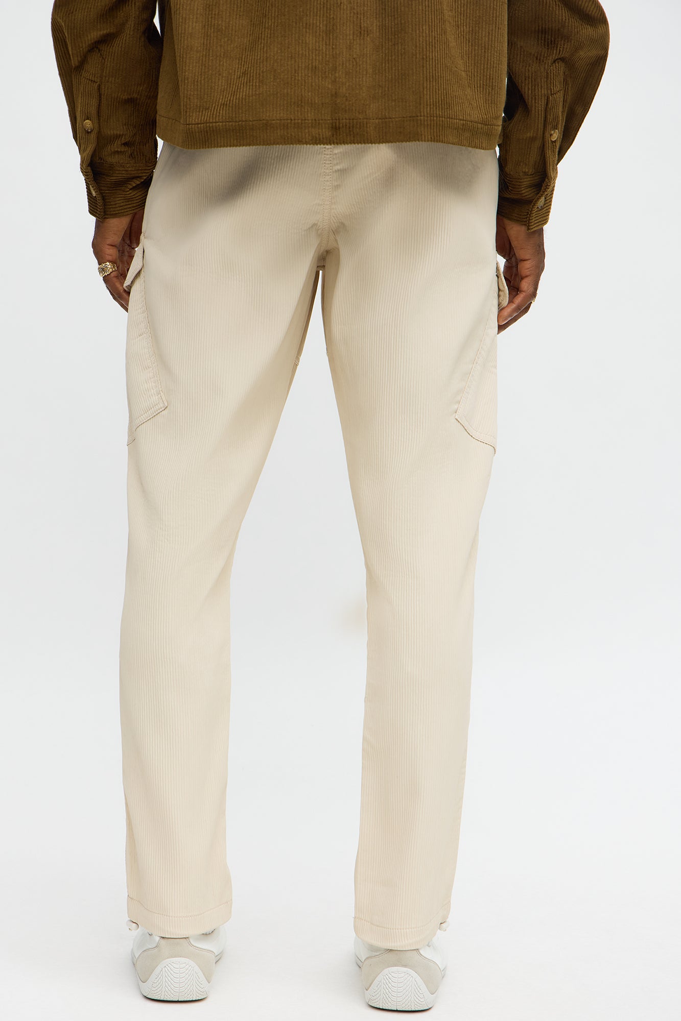 Slim Slanted Cargo Ribbed Pants - Cream