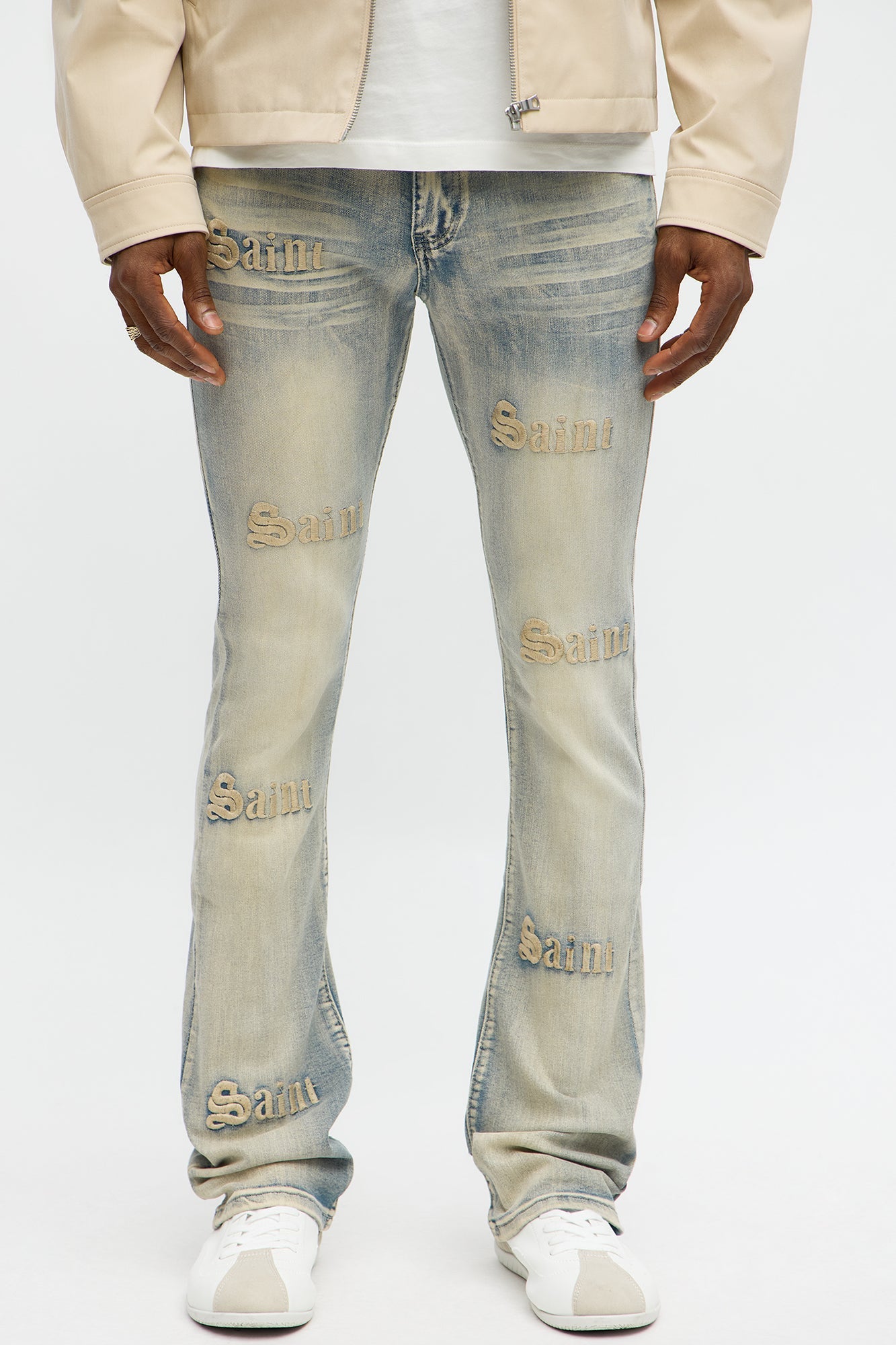 Stacked Skinny Flare Saints Embroidered Jean - Light Wash