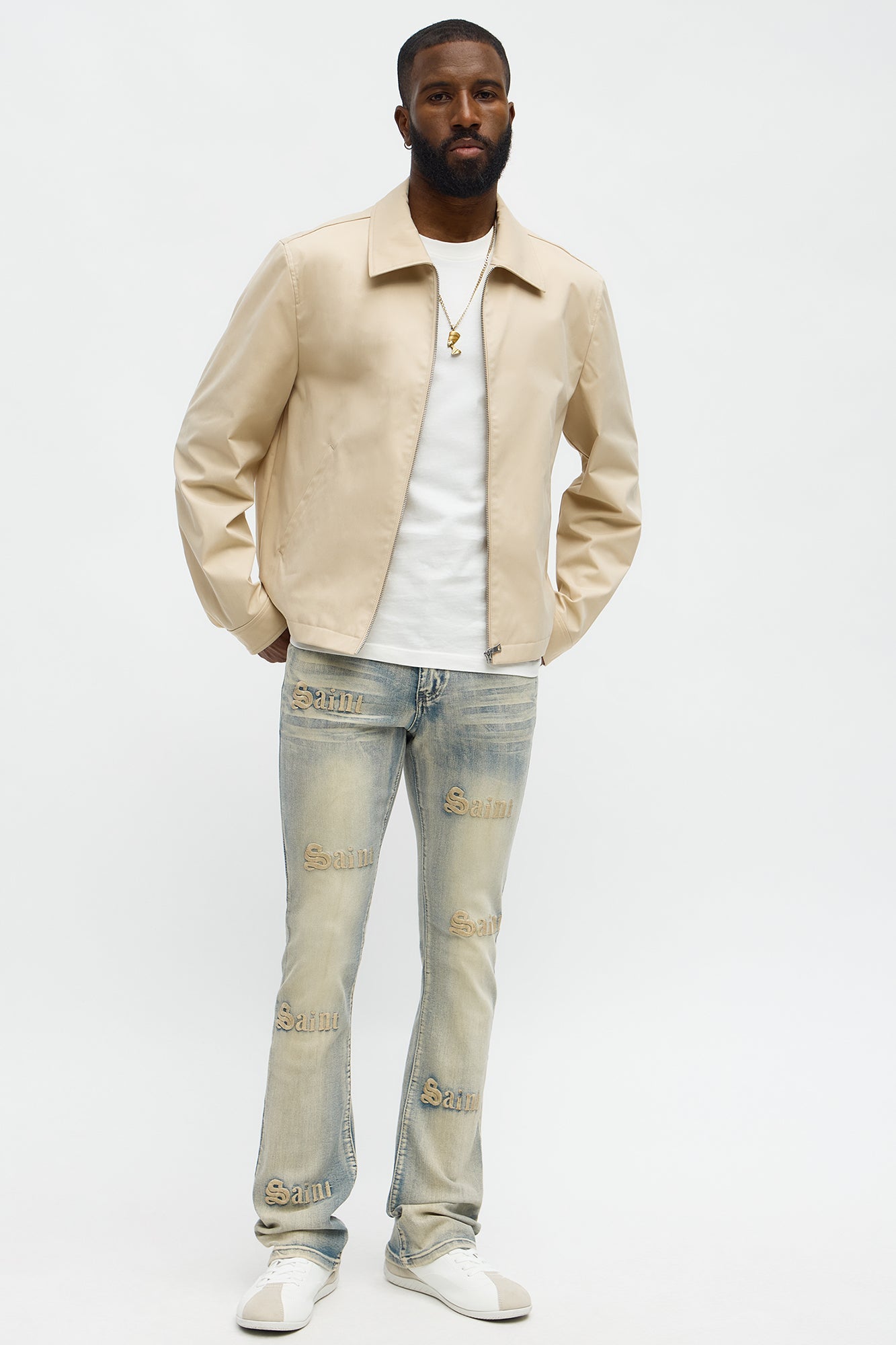 Stacked Skinny Flare Saints Embroidered Jean - Light Wash