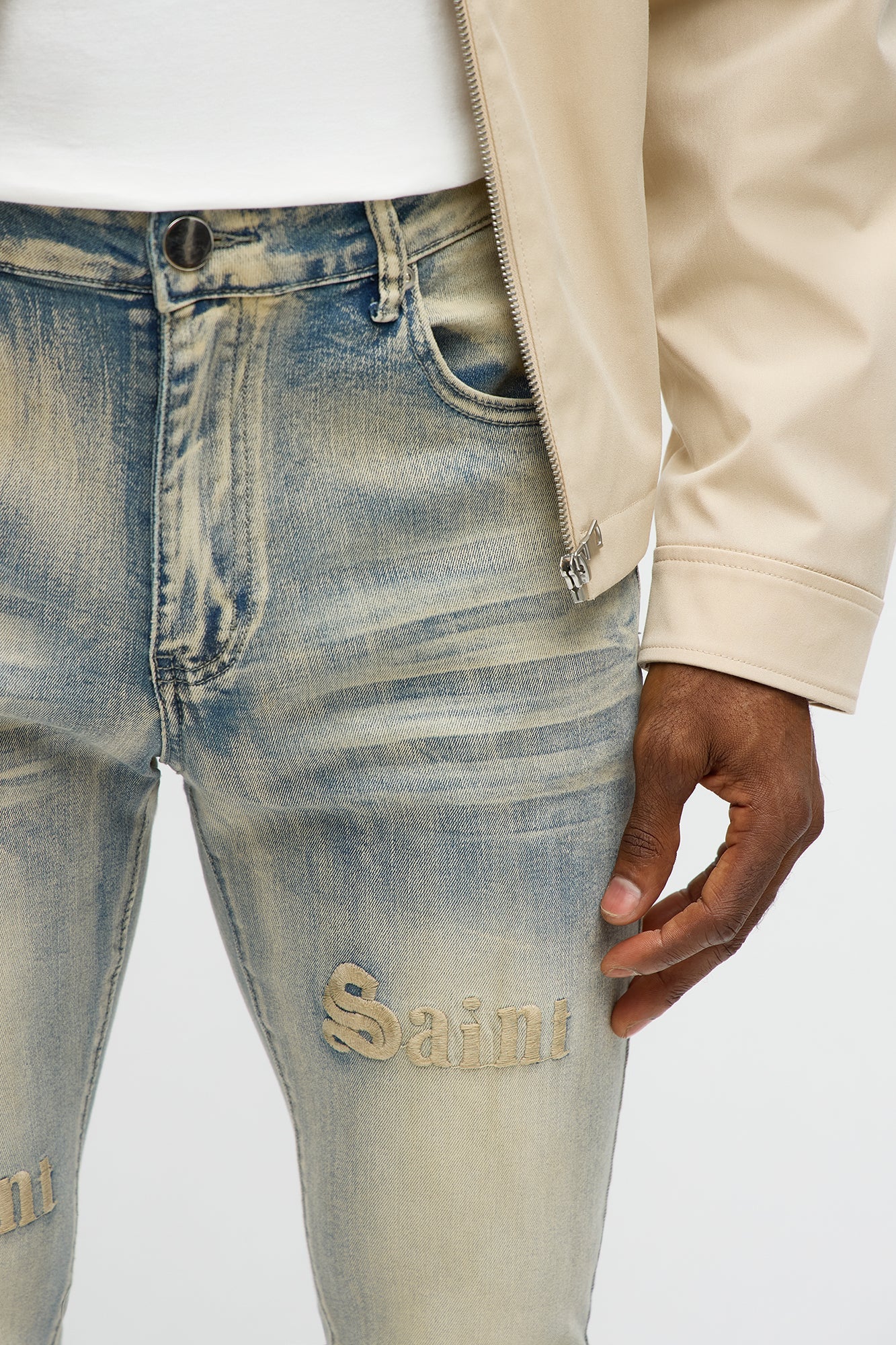 Stacked Skinny Flare Saints Embroidered Jean - Light Wash