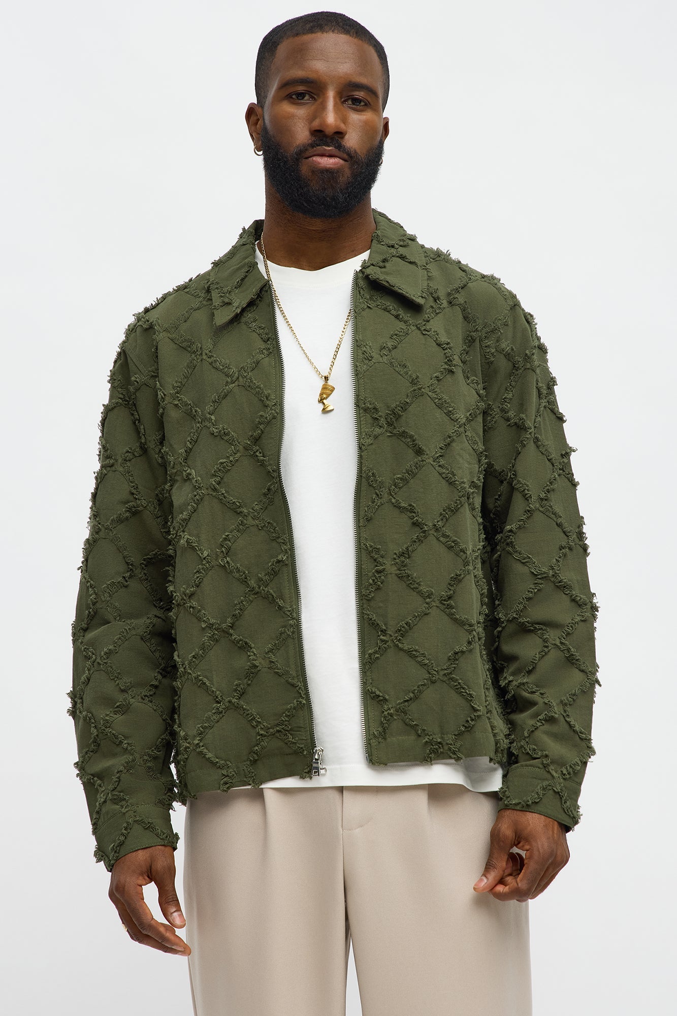 Textured Diamond Frayed Work Jacket - Green