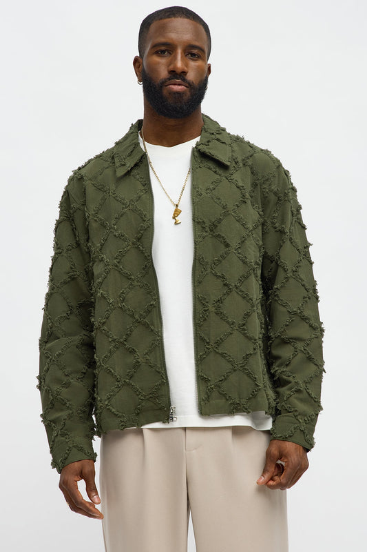 Textured Diamond Frayed Work Jacket - Green
