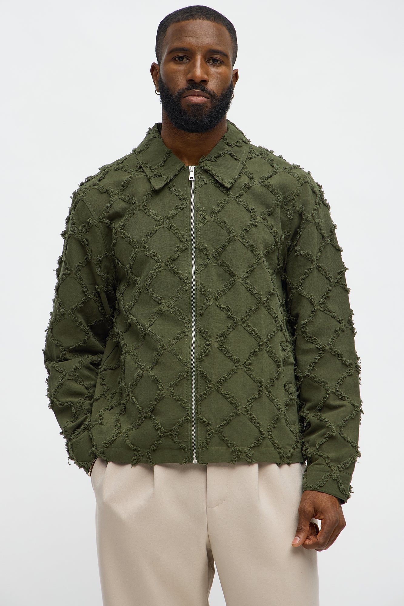 Textured Diamond Frayed Work Jacket - Green