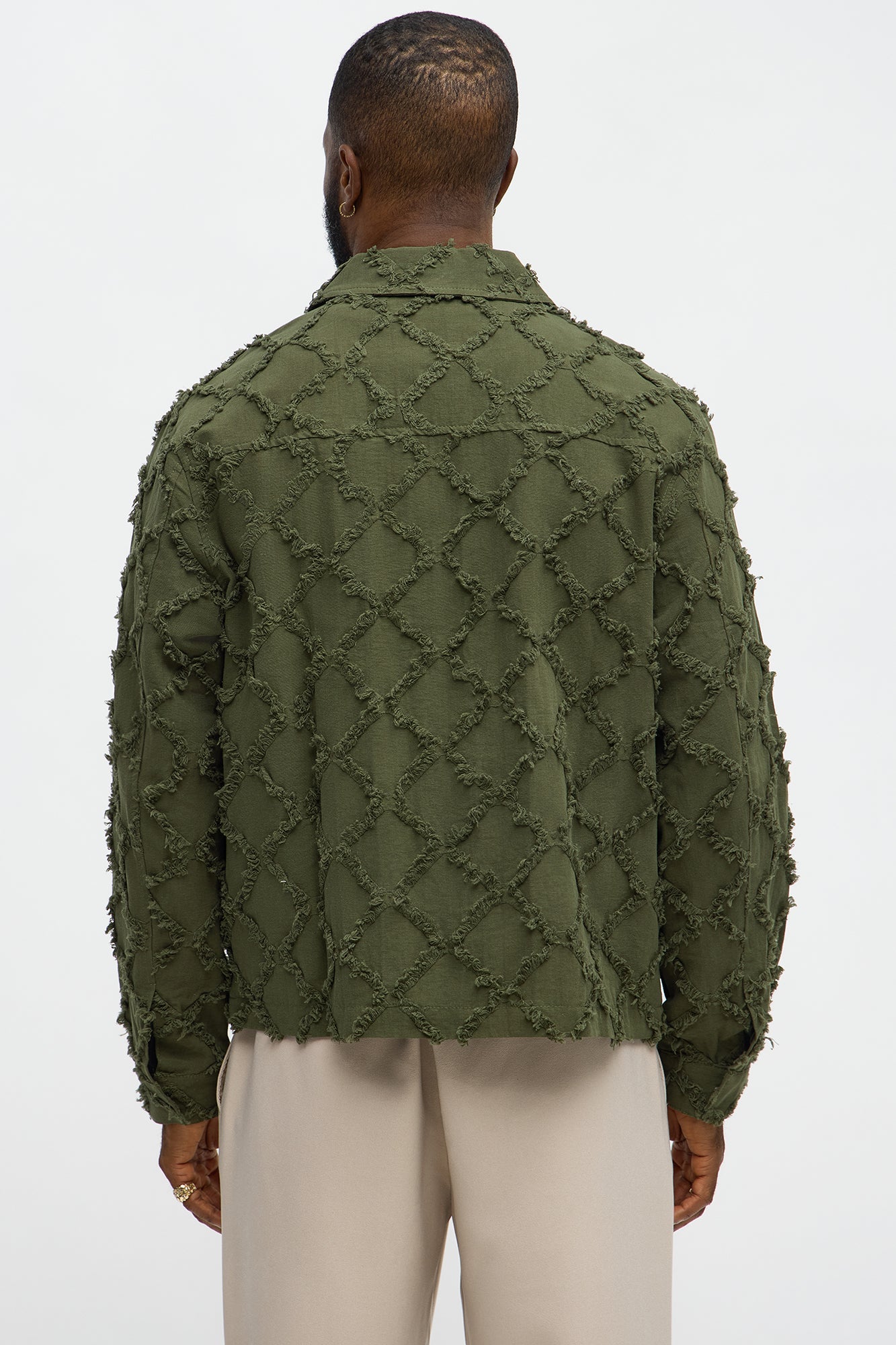 Textured Diamond Frayed Work Jacket - Green