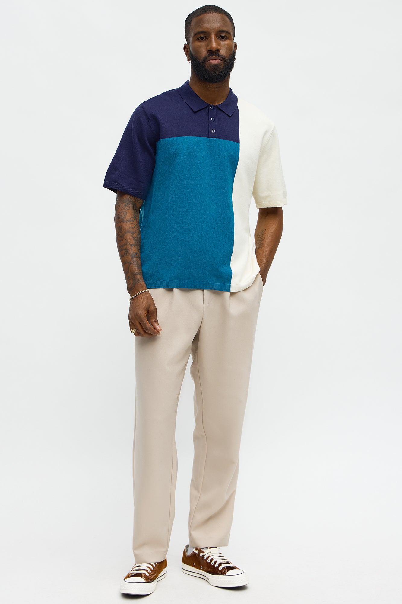 Tetris Color Blocked Knitted Polo - Blue/combo