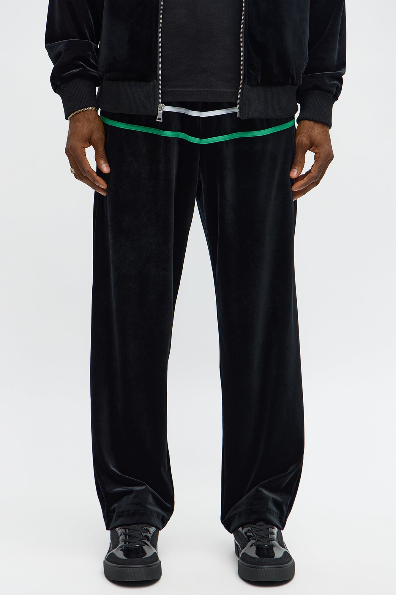 Velour Piped Courtside Straight Track Pant - Black/Green