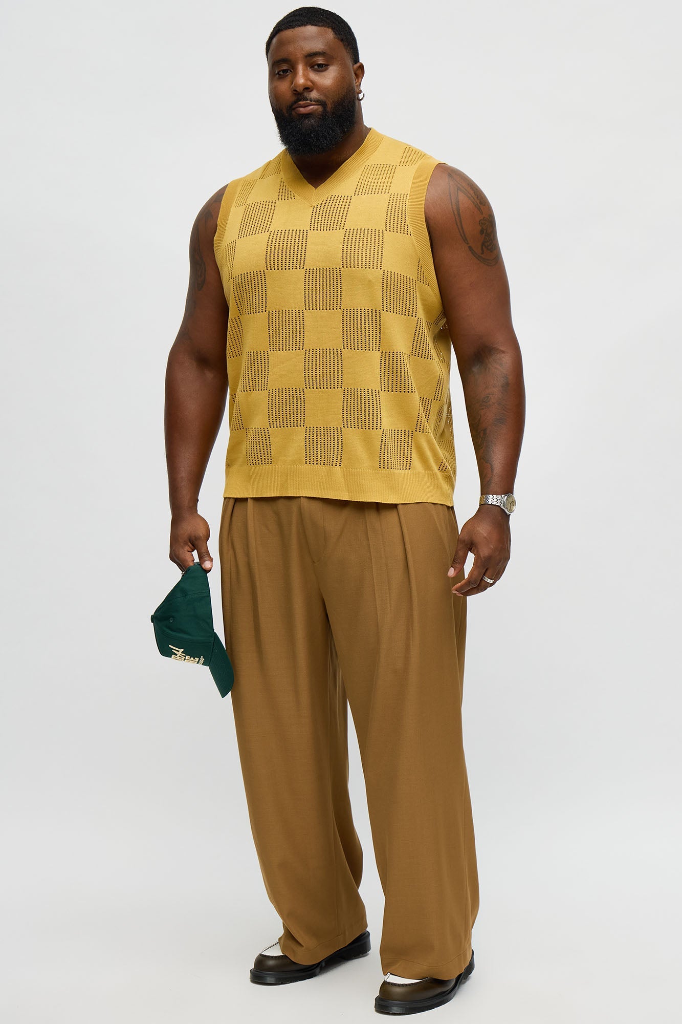 Textured Tiles V-Neck Vest - Mustard