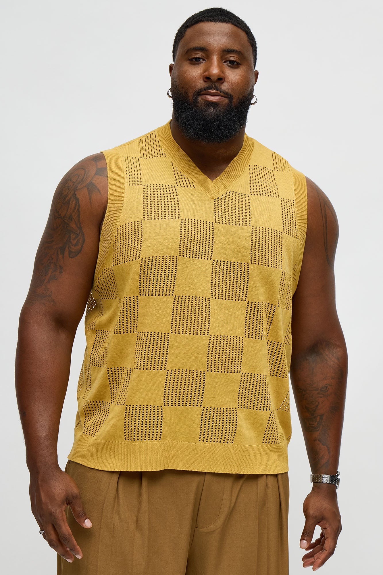 Textured Tiles V-Neck Vest - Mustard