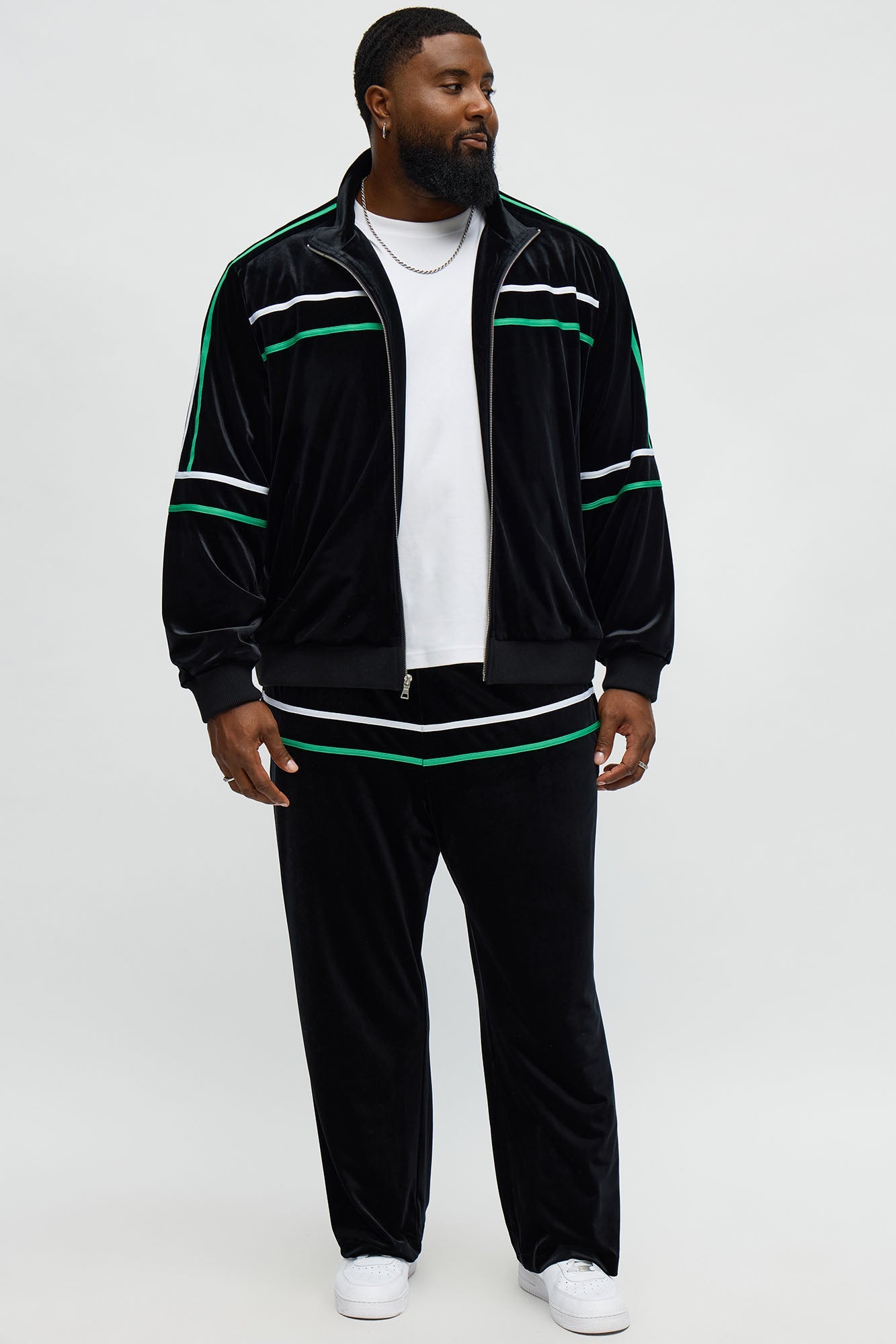 Velour Piped Courtside Straight Track Pant - Black/Green