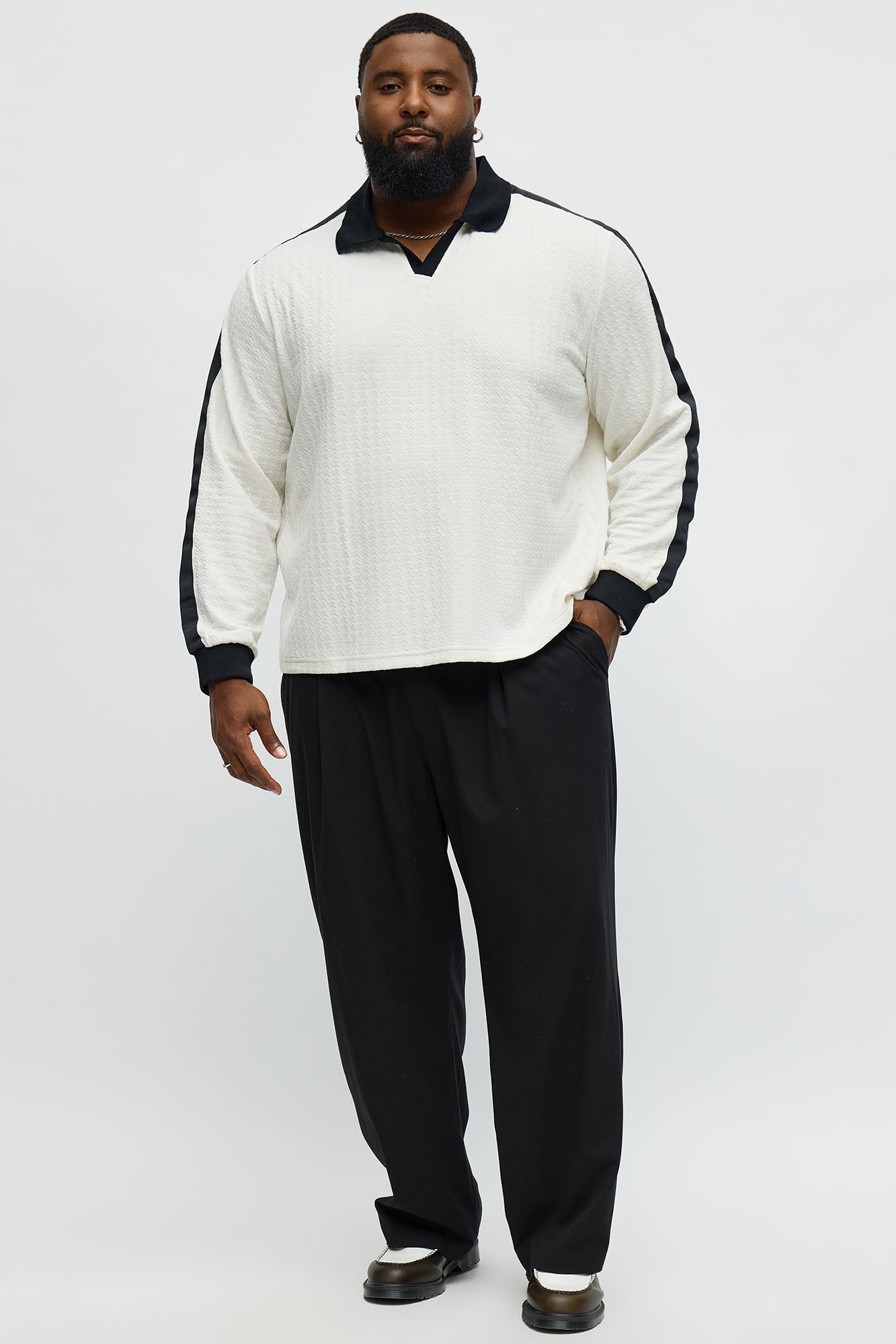 Andrew Textured Knit Johnny Collar Long Sleeve Polo - Cream