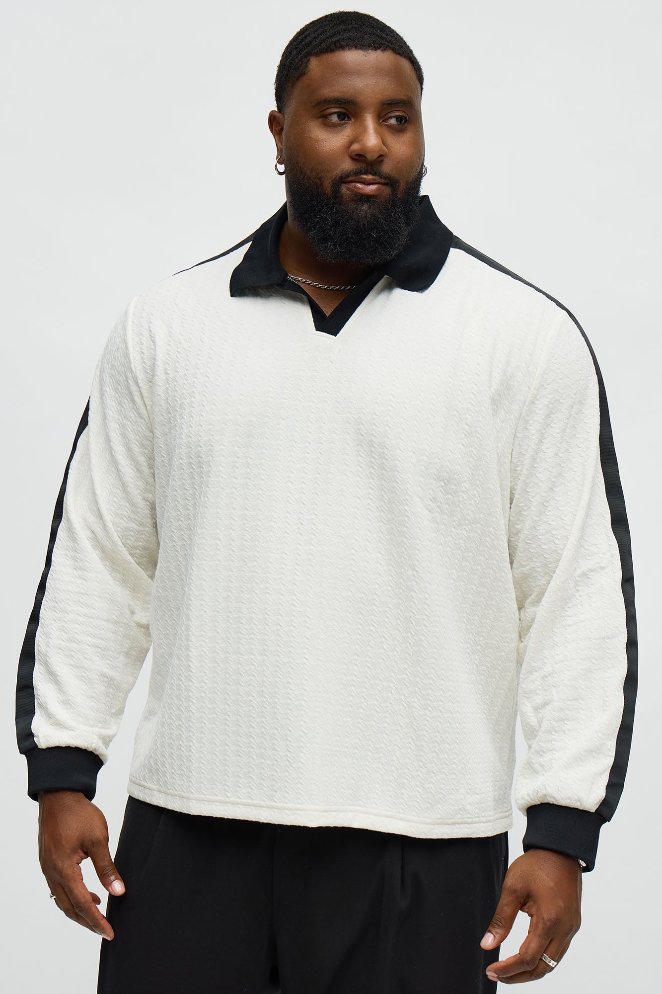 Andrew Textured Knit Johnny Collar Long Sleeve Polo - Cream