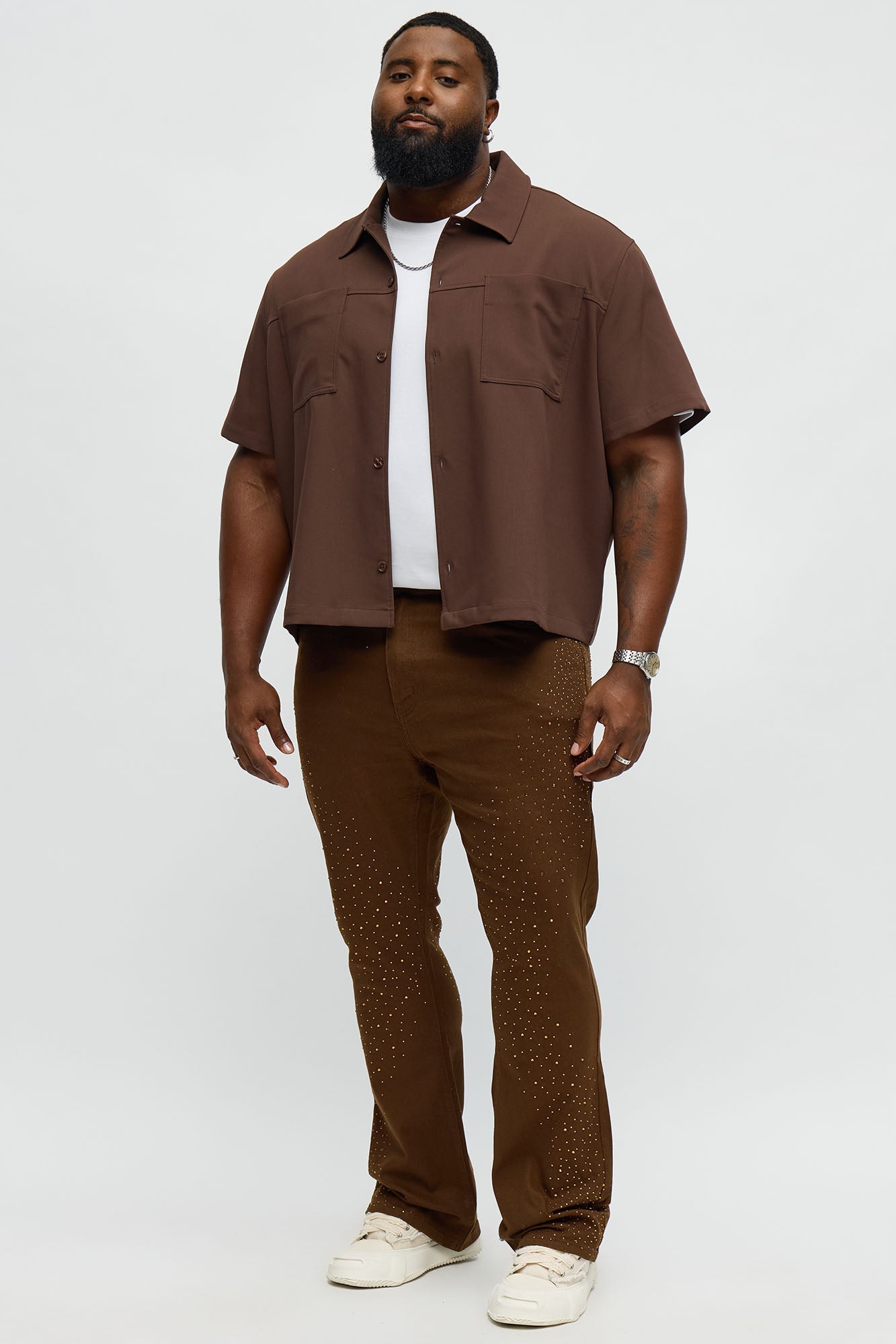 Stacked Skinny Flare Be Jeweled Up Pants - Brown