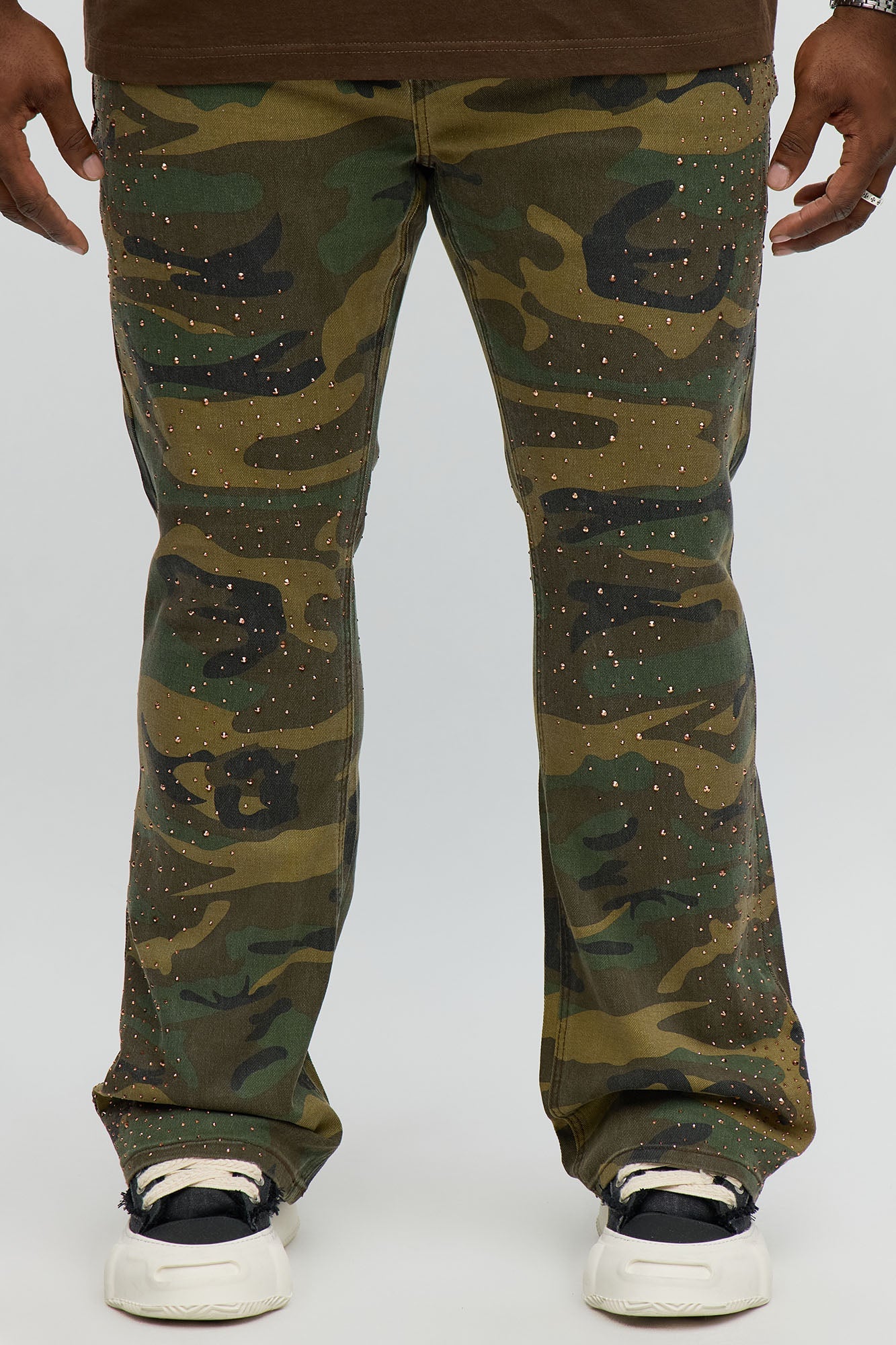 Stacked Skinny Flare Be Jeweled Camo Pants - Camouflage