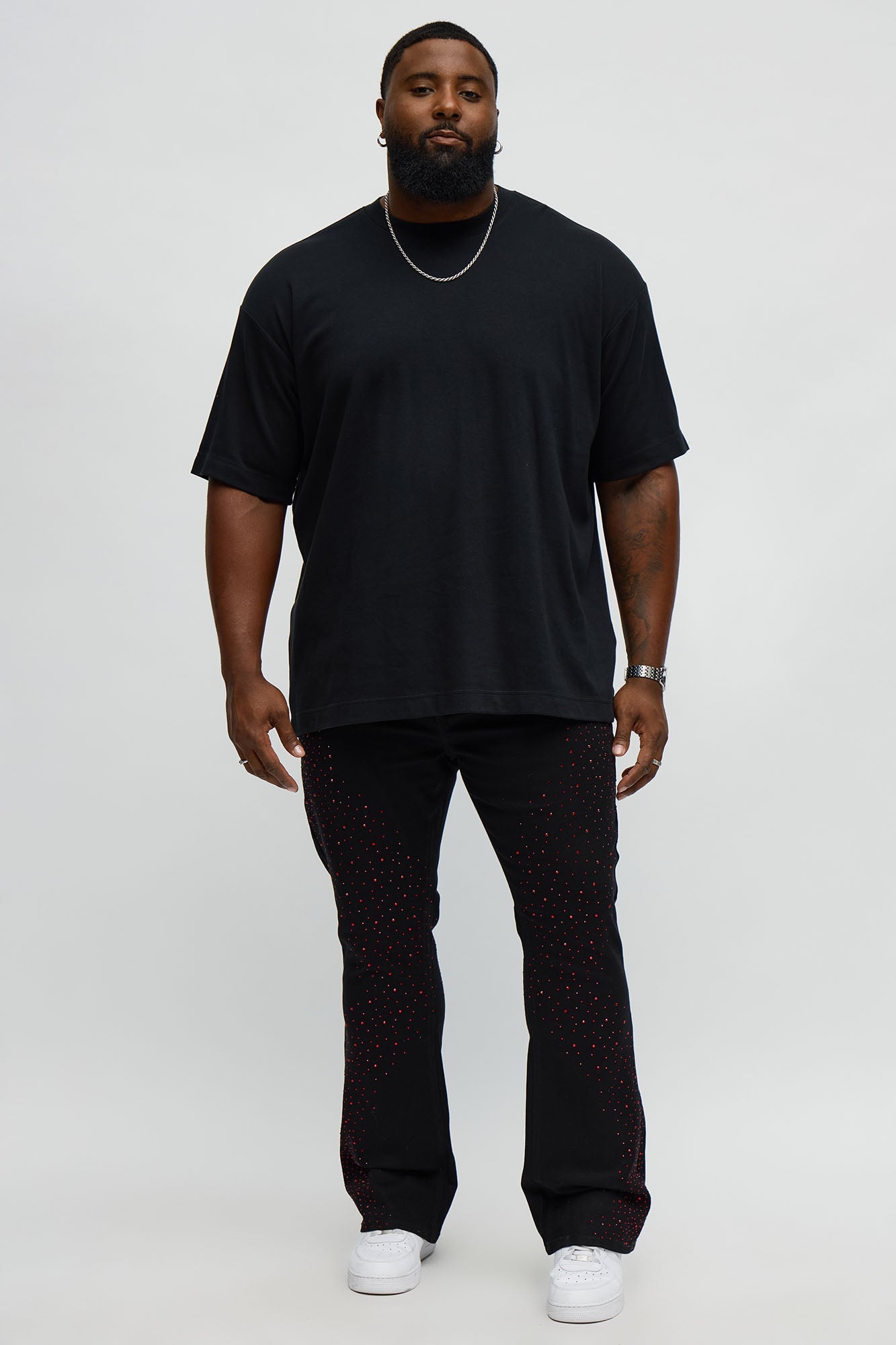 Stacked Skinny Flare Be Jeweled Up Pants - Black/Red