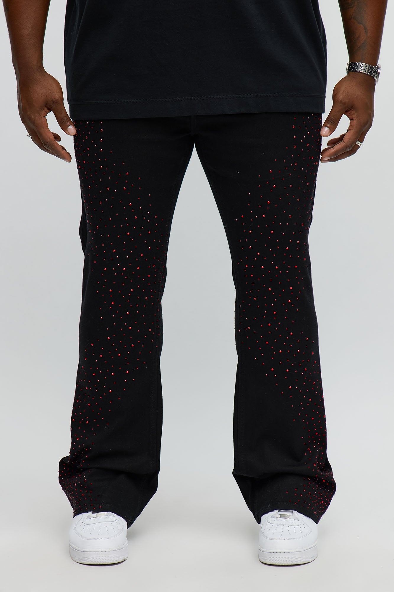 Stacked Skinny Flare Be Jeweled Up Pants - Black/Red
