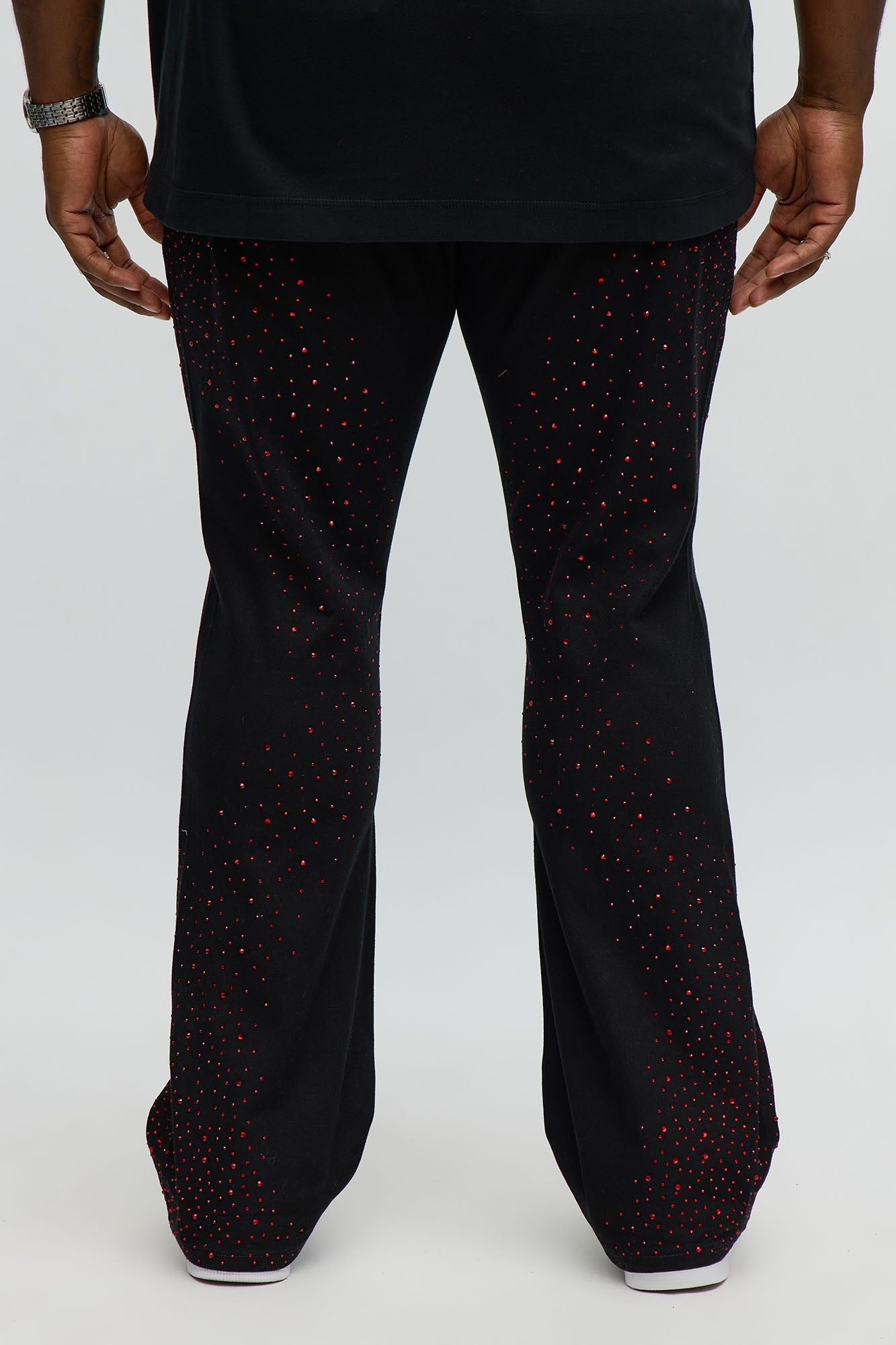 Stacked Skinny Flare Be Jeweled Up Pants - Black/Red