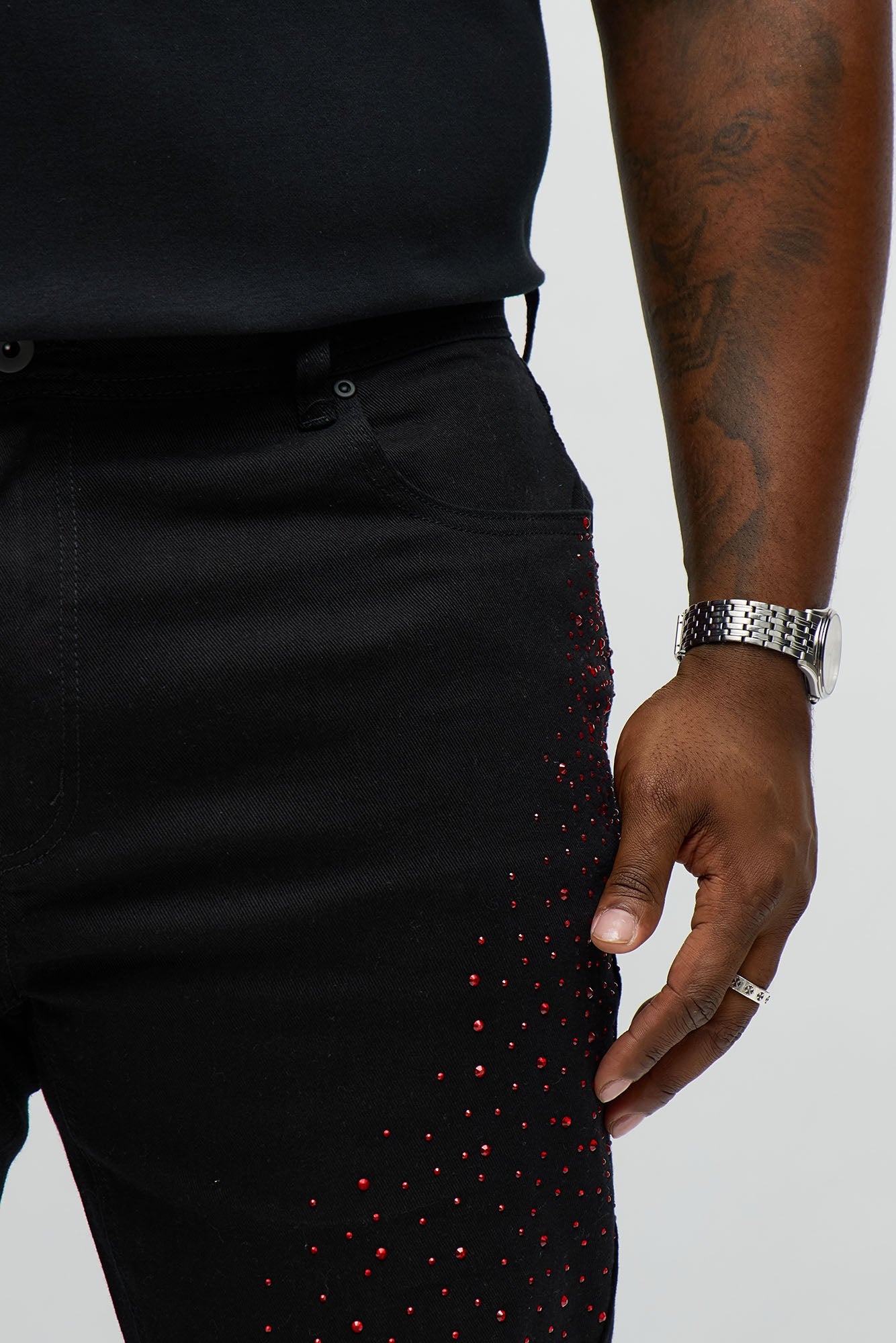 Stacked Skinny Flare Be Jeweled Up Pants - Black/Red
