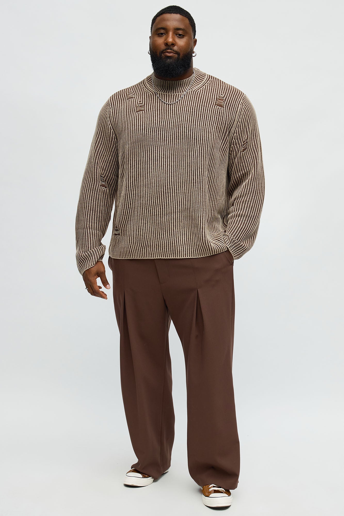 Cedarwood Distressed Mockneck Sweater - Brown Combo