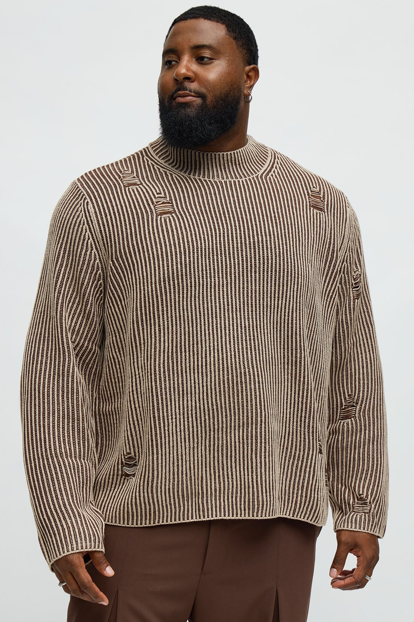 Cedarwood Distressed Mockneck Sweater - Brown Combo