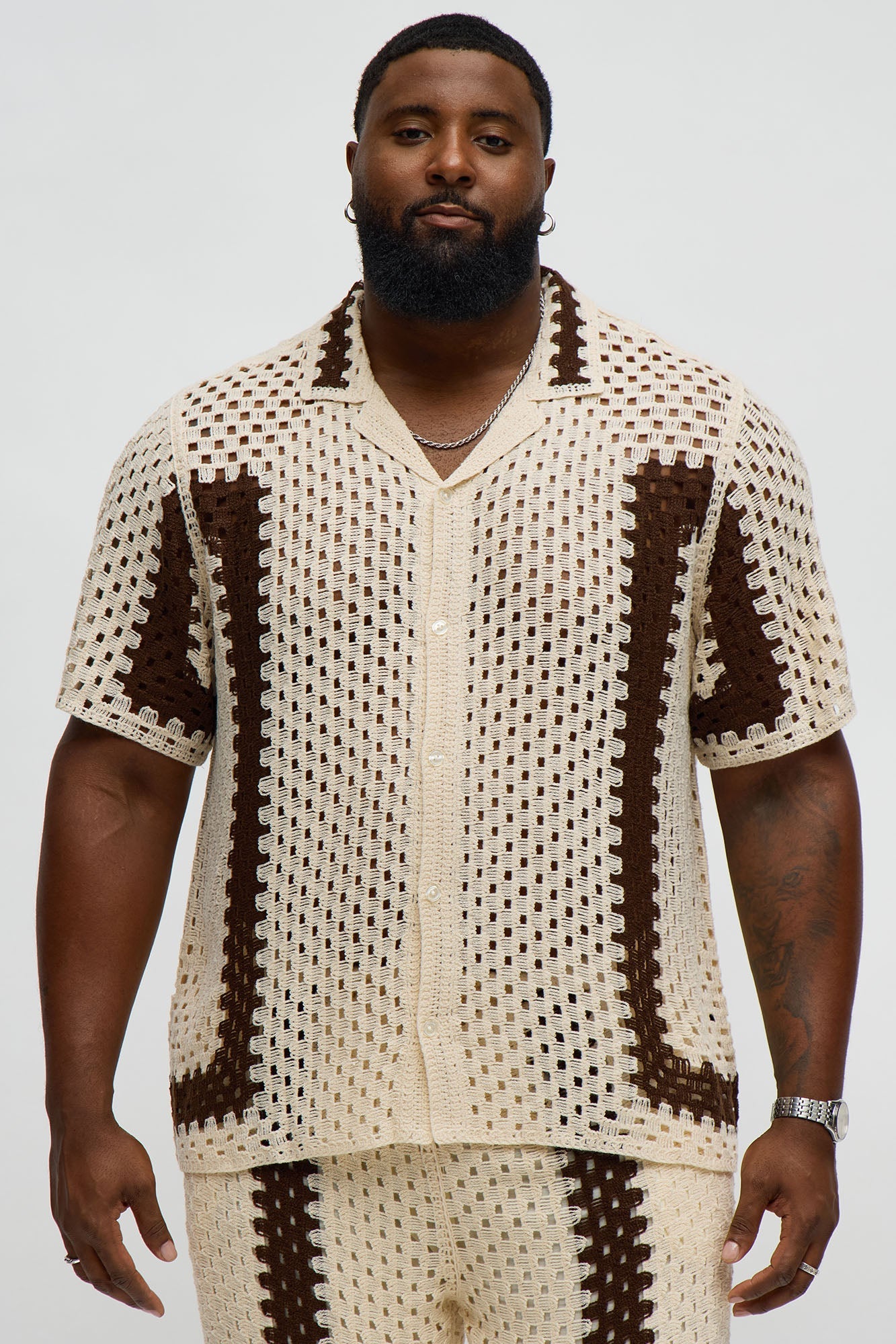 Worldwide Crochet Button Up Shirt - Cream/combo