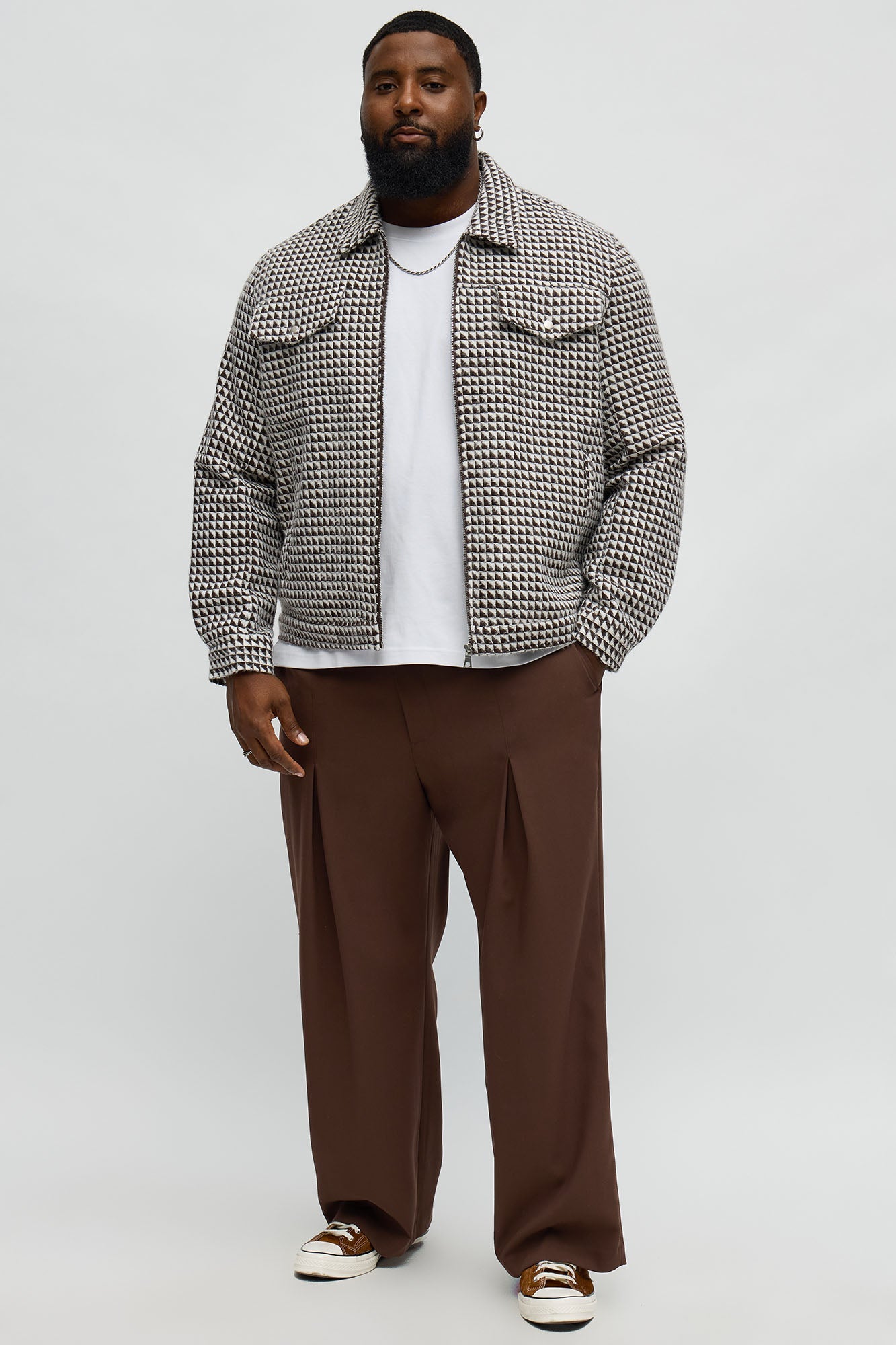 Textured Geometric Zip Jacket - Brown/combo