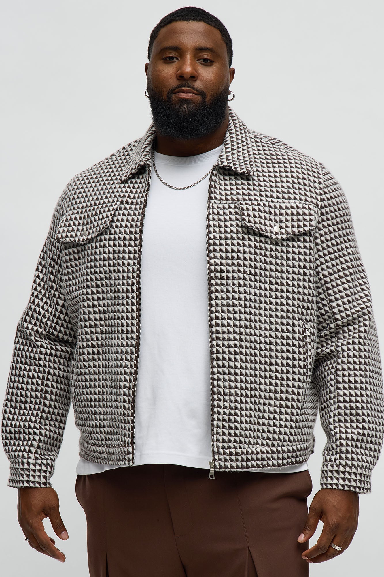 Textured Geometric Zip Jacket - Brown/combo