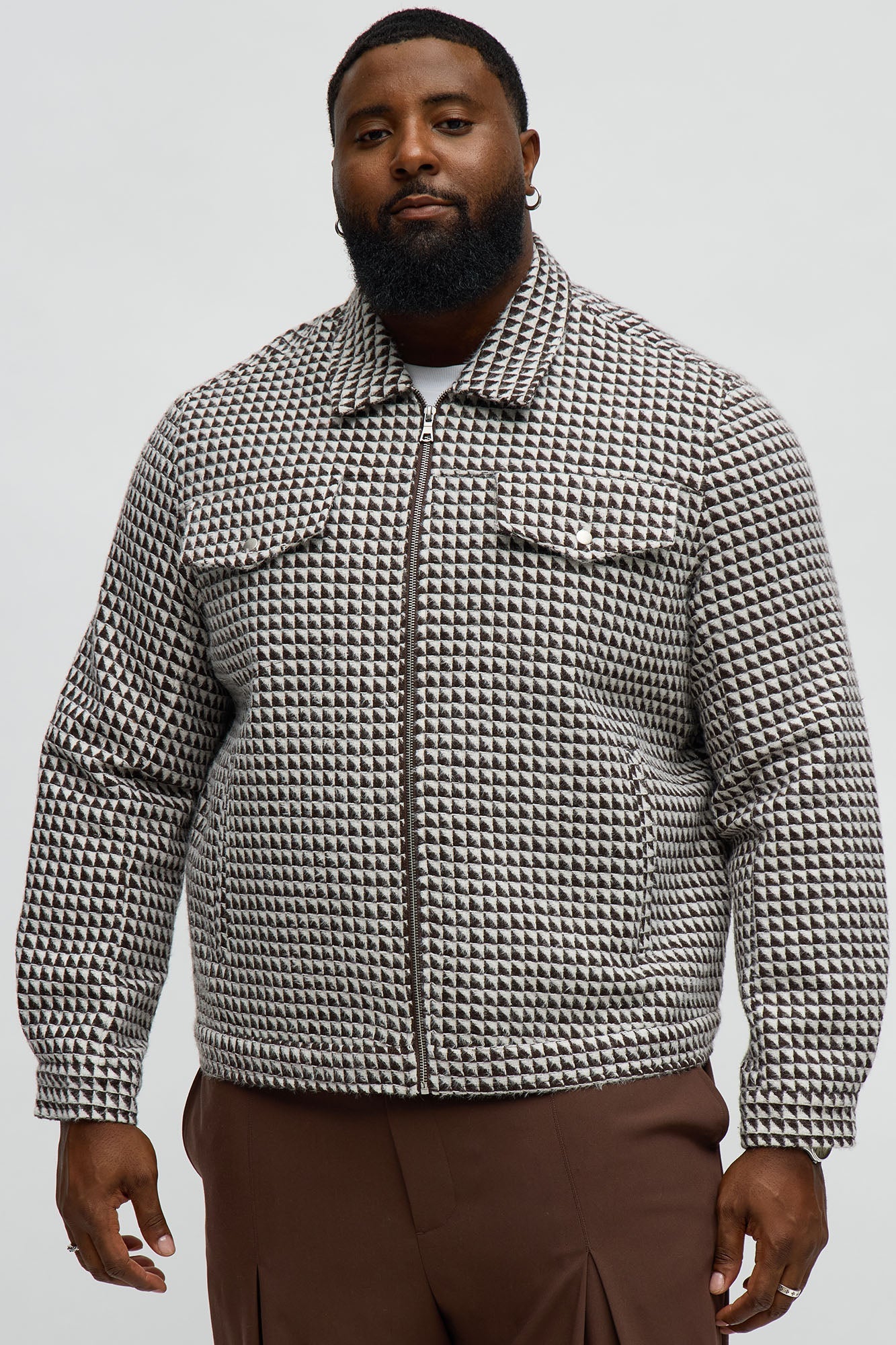 Textured Geometric Zip Jacket - Brown/combo