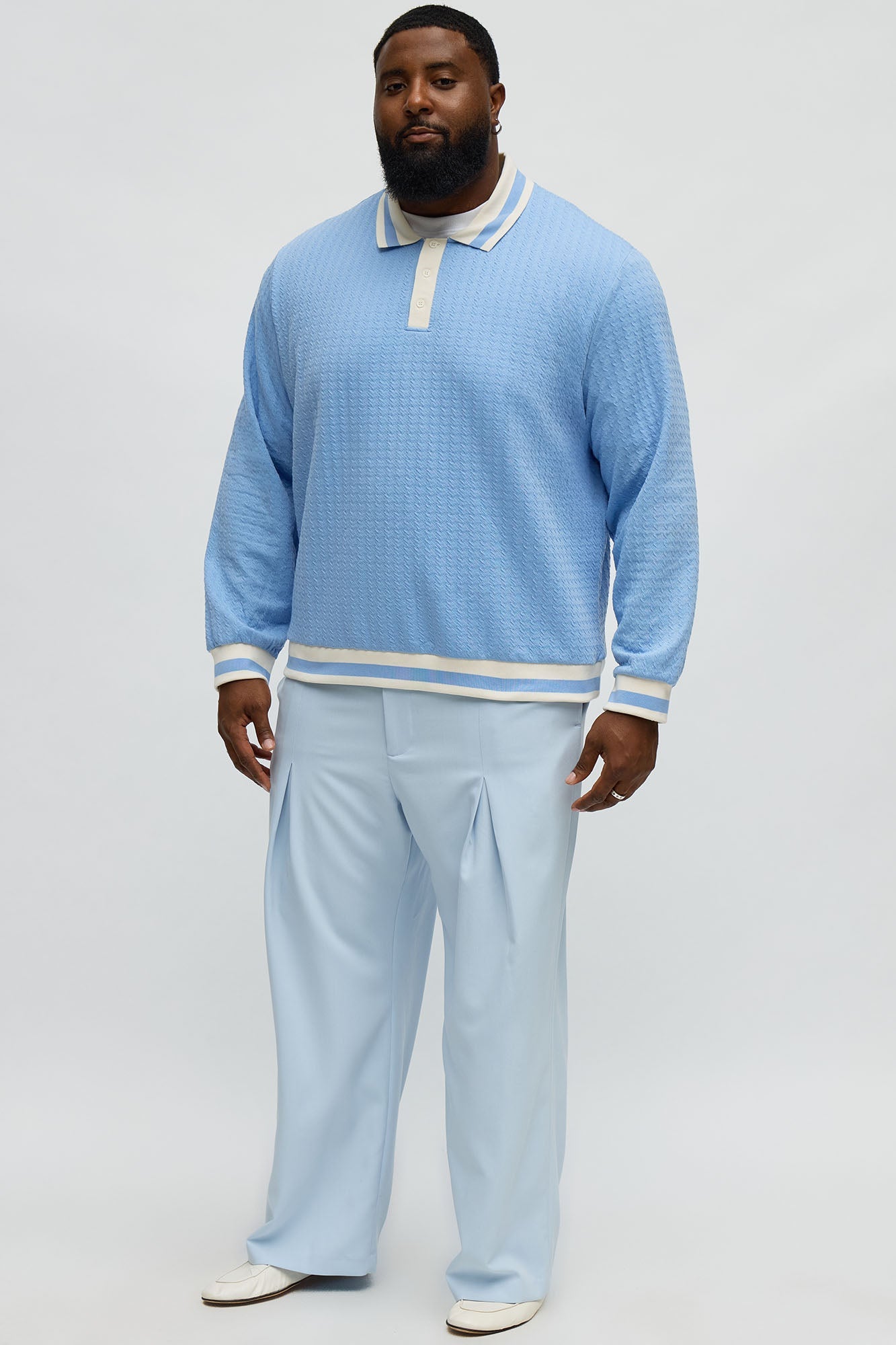 Andrew Textured Knit Long Sleeve Polo - Light Blue