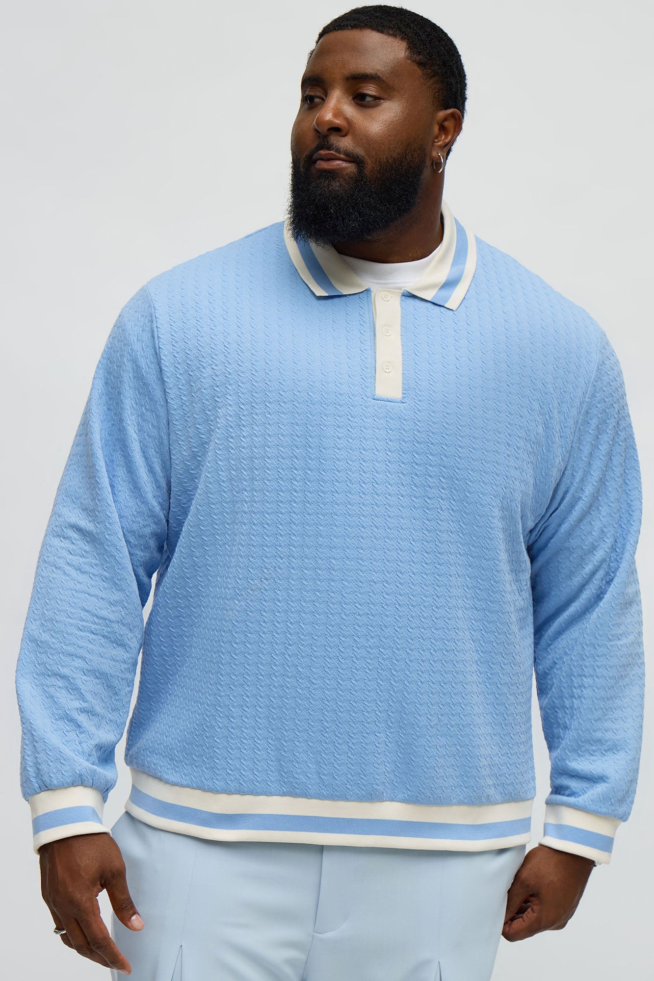 Andrew Textured Knit Long Sleeve Polo - Light Blue