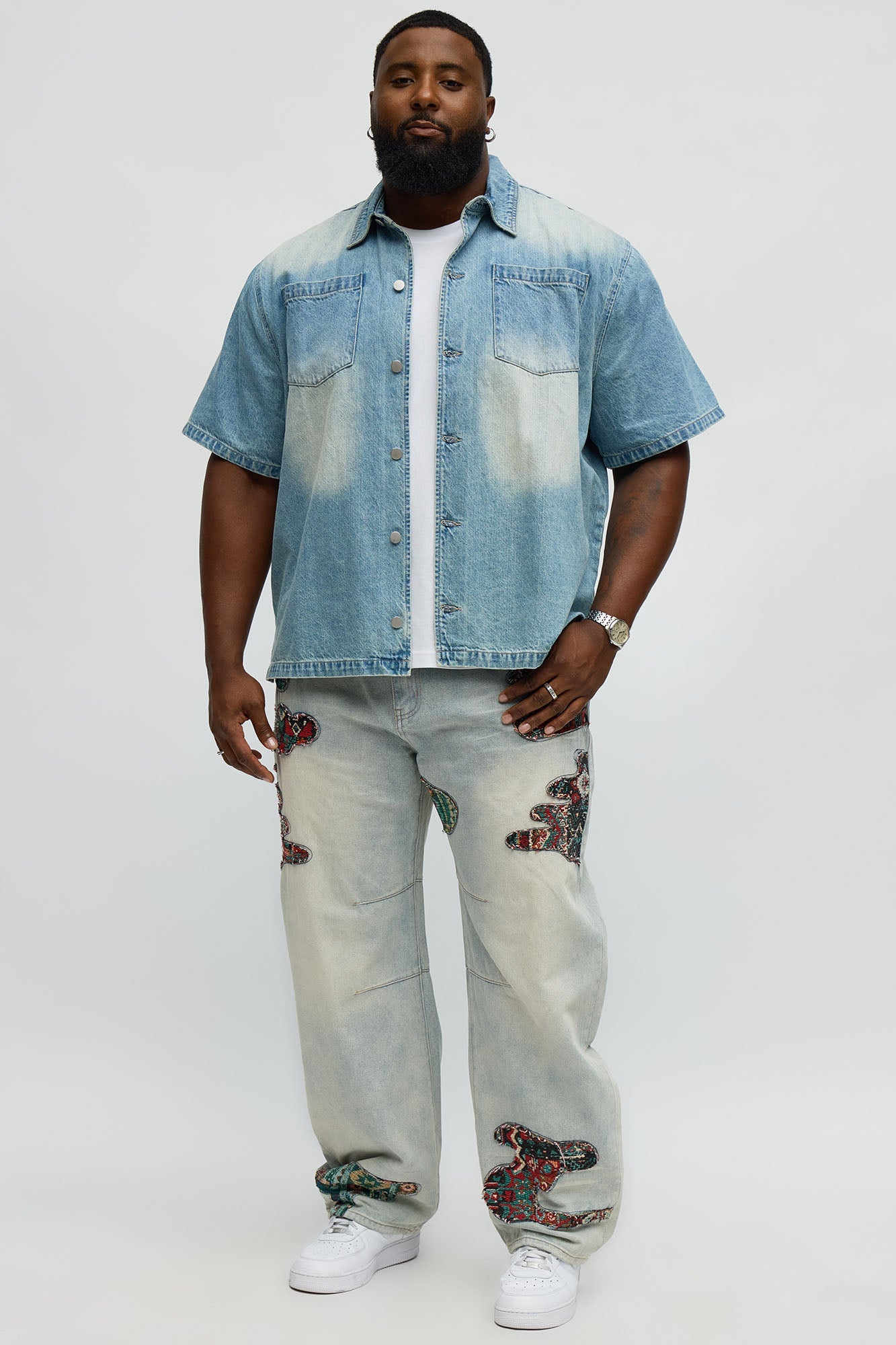 Barrel Patched Tapestry Jeans - Light Blue Wash