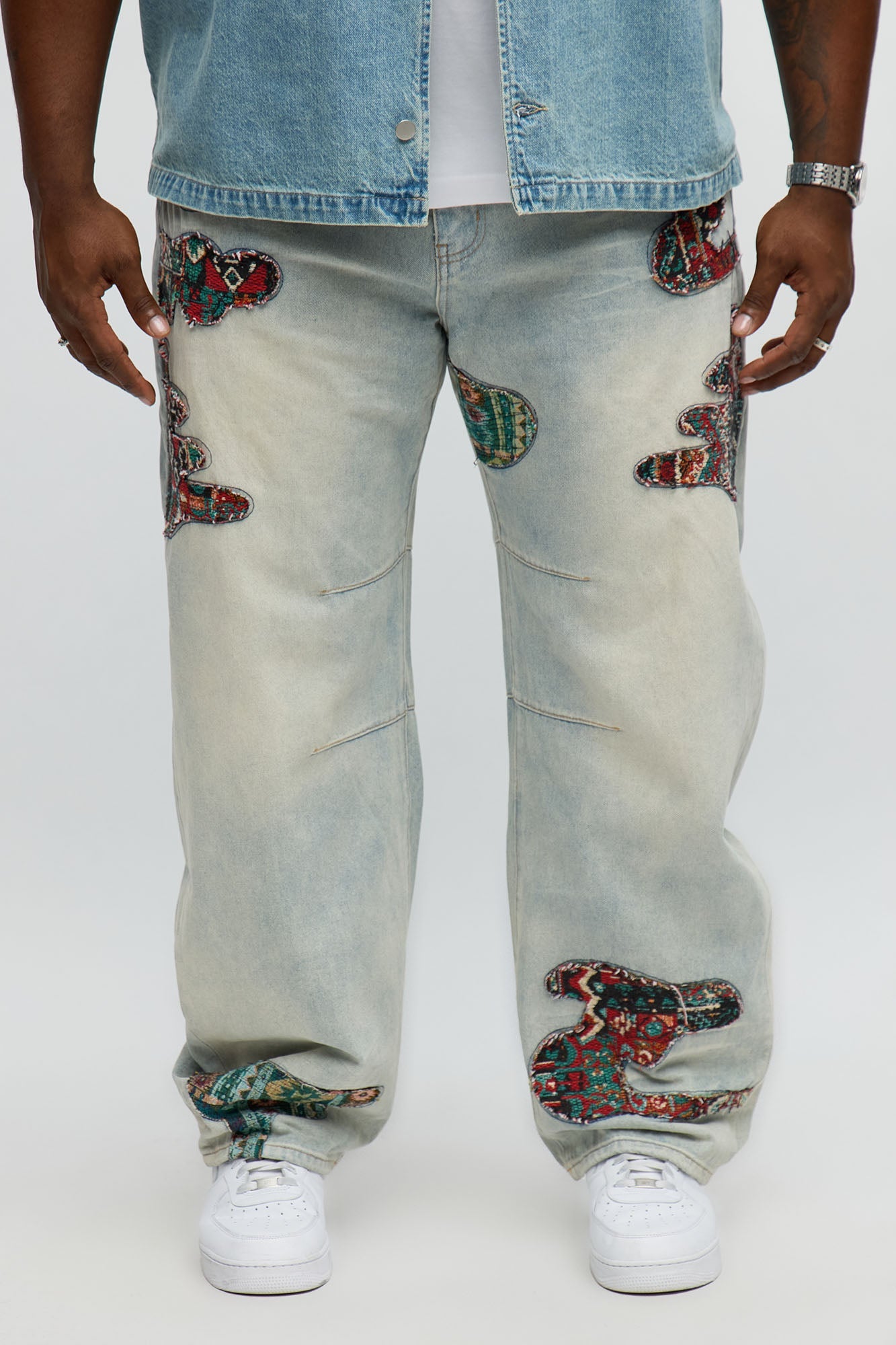 Barrel Patched Tapestry Jeans - Light Blue Wash