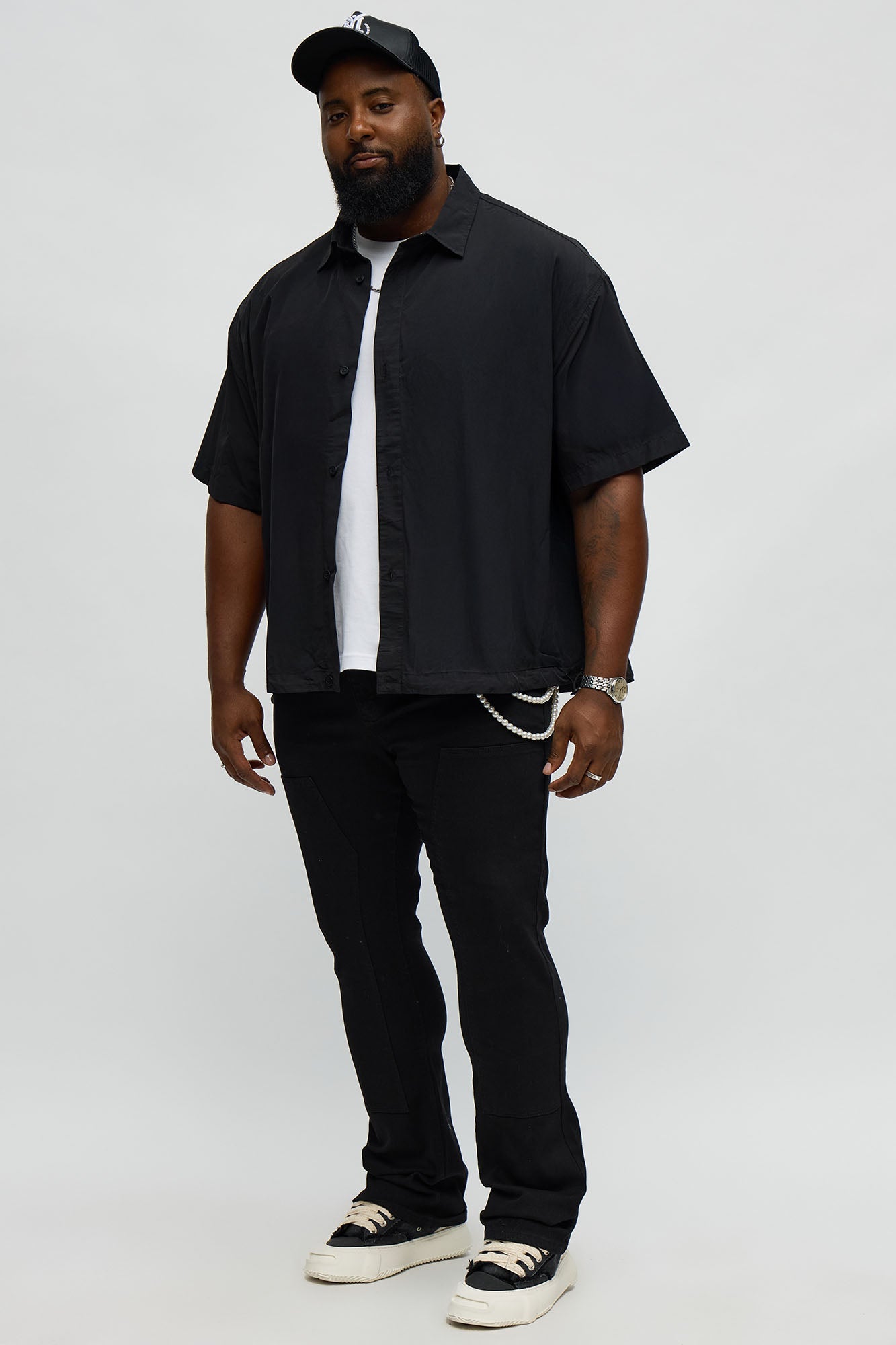 Stacked Skinny Flare Be Flossing Pearl Chain Jean - Black