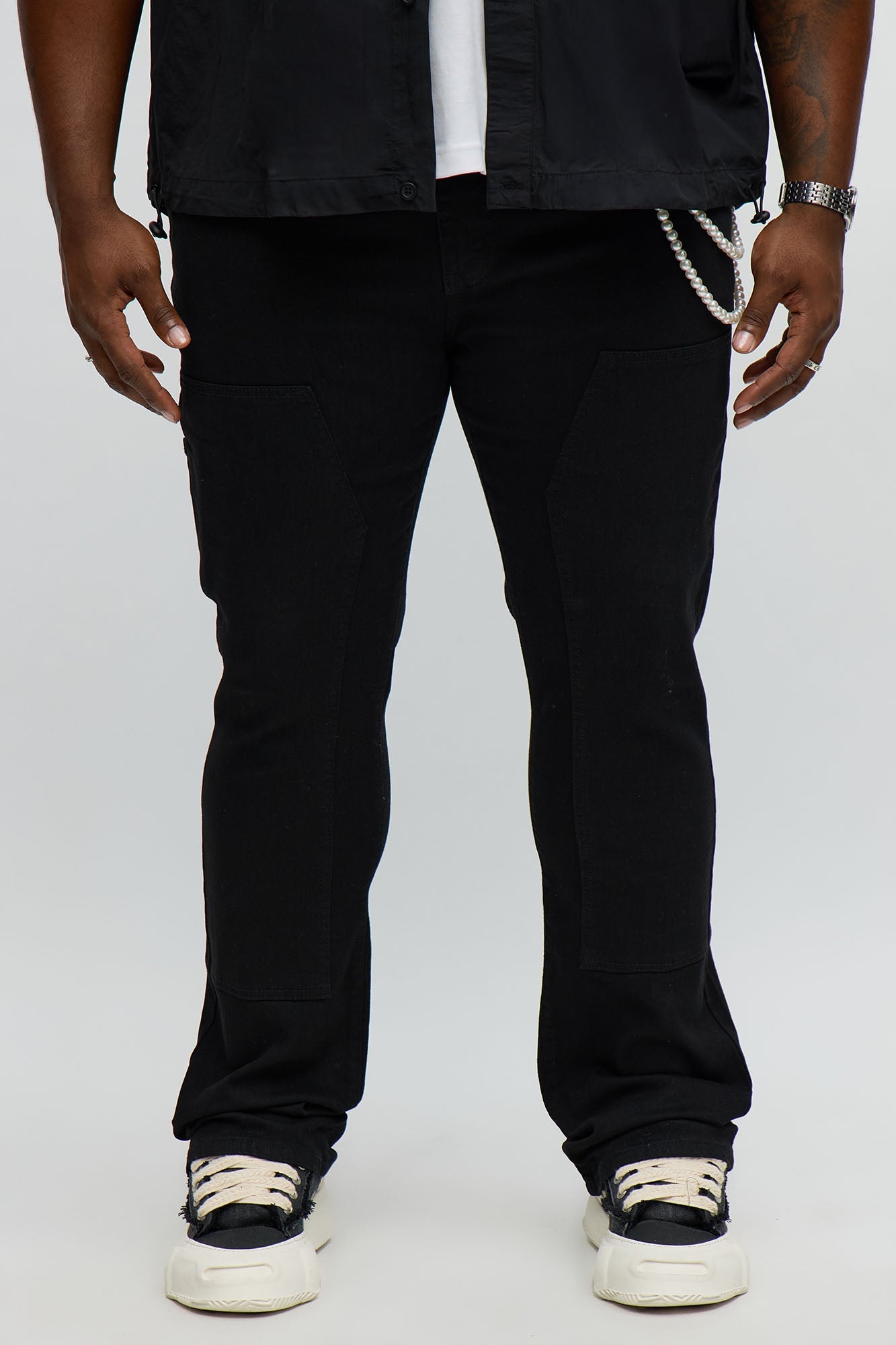 Stacked Skinny Flare Be Flossing Pearl Chain Jean - Black