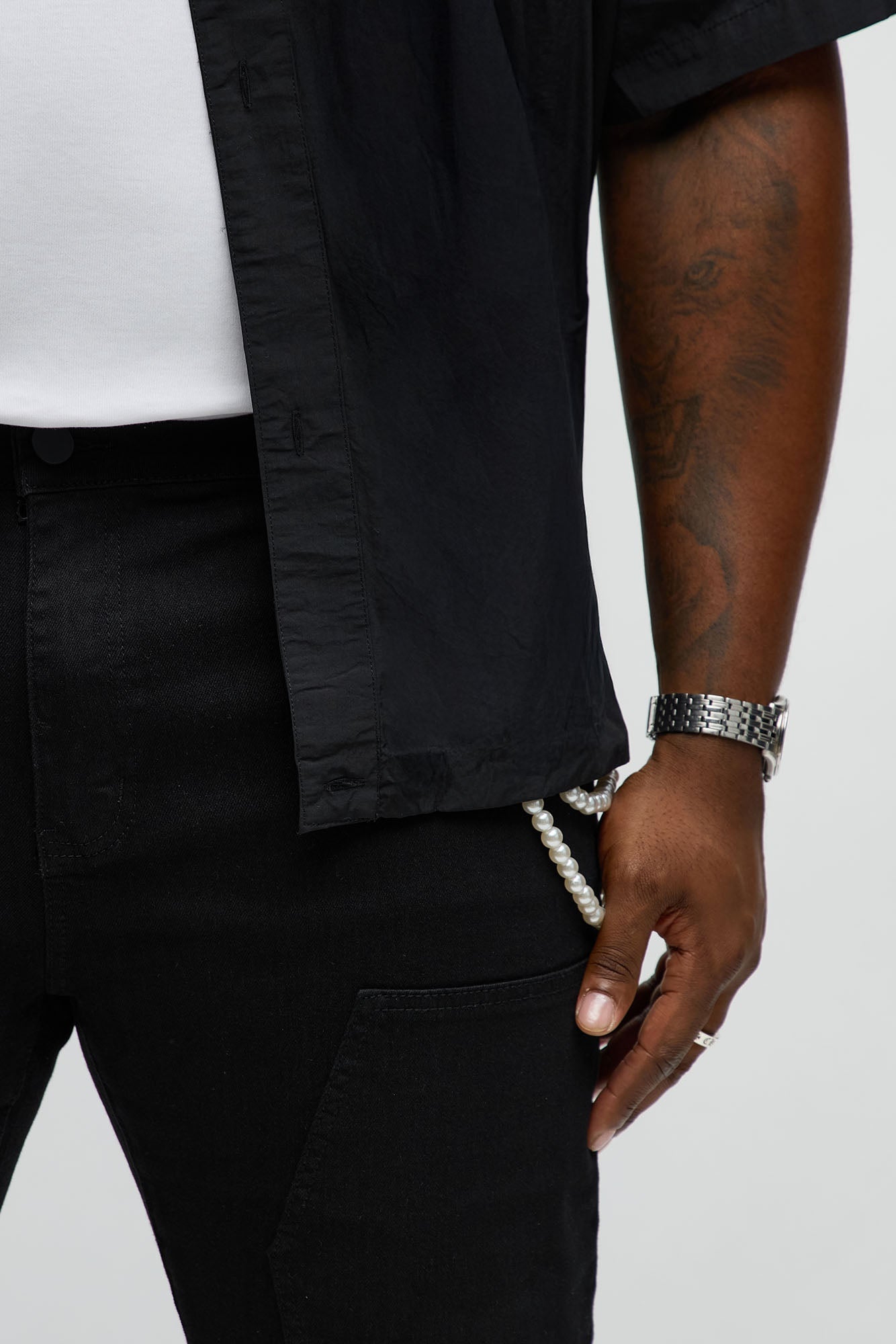 Stacked Skinny Flare Be Flossing Pearl Chain Jean - Black