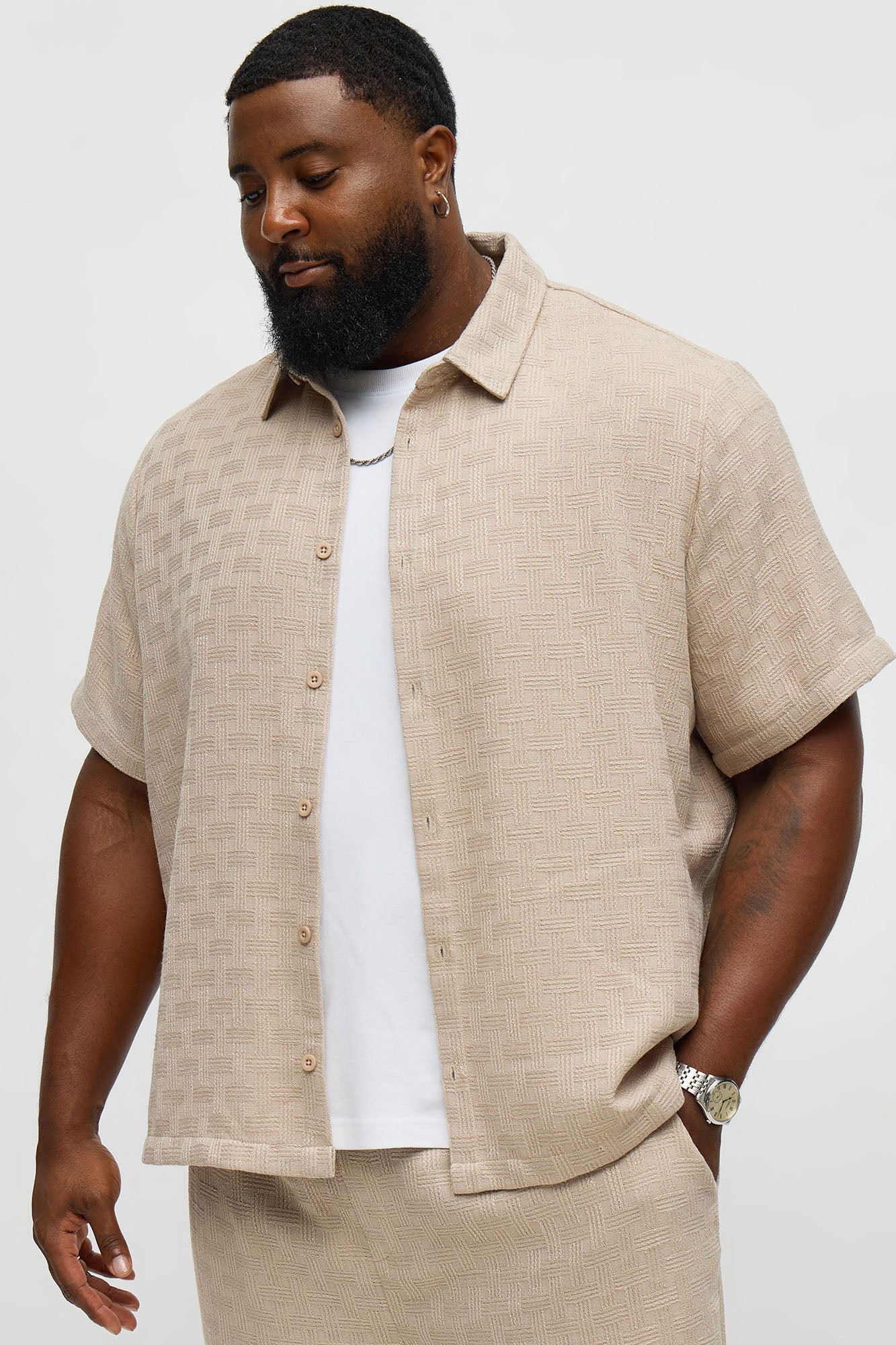 Crosshatch Textured Short Sleeve Button Up Shirt - Taupe