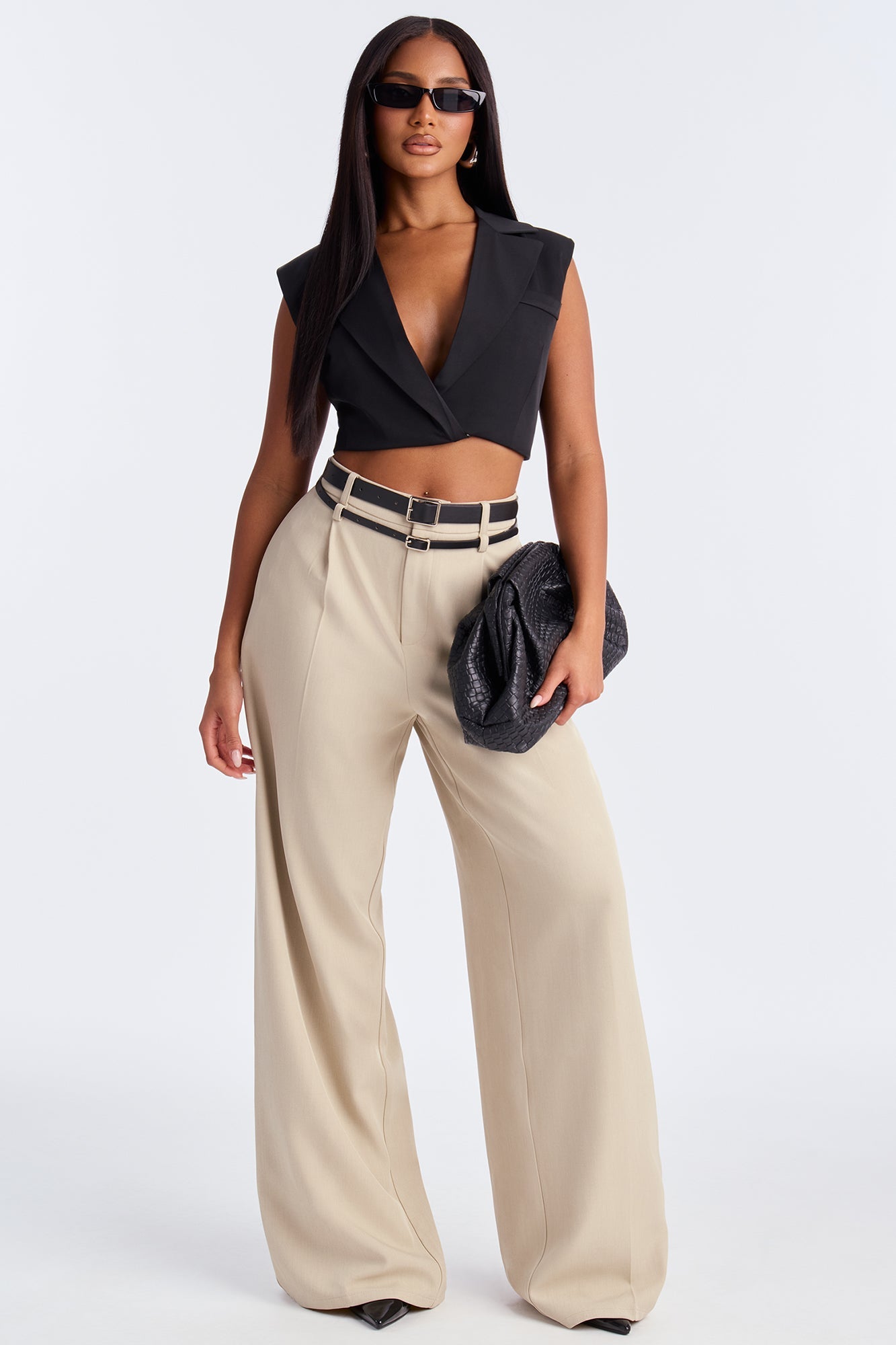 Geraldine Belted Wide Leg Trousers 33″ - Stone