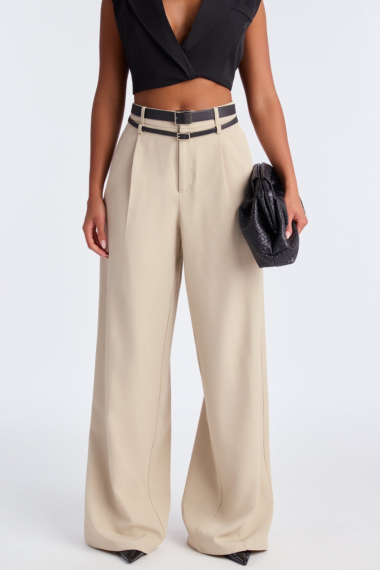 Geraldine Belted Wide Leg Trousers 33″ - Stone
