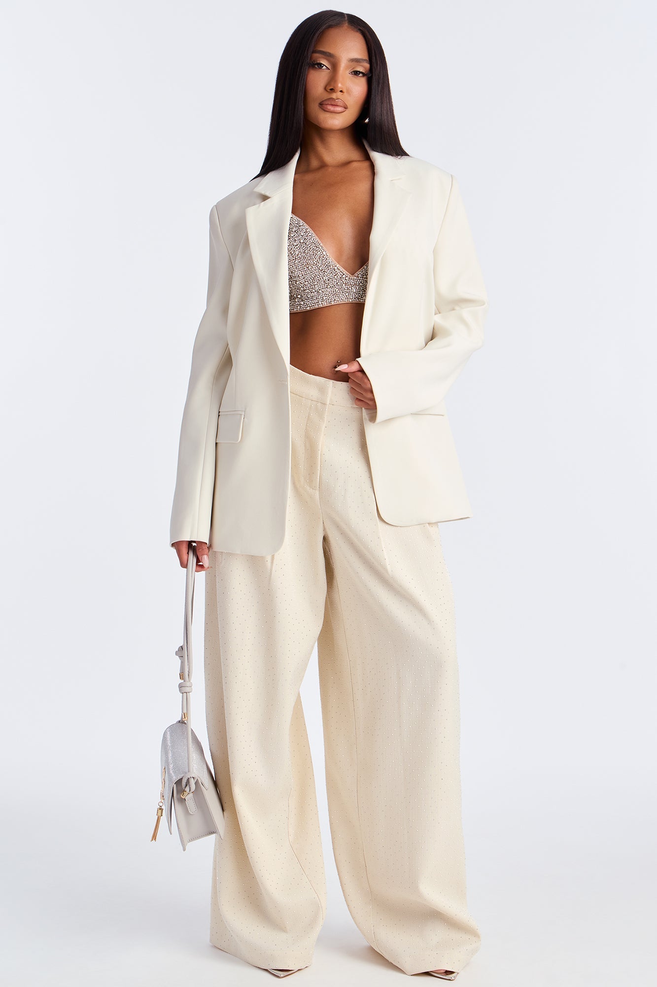 Eyes On Me Rhinestone Wide Leg Pant 32″ - Ivory