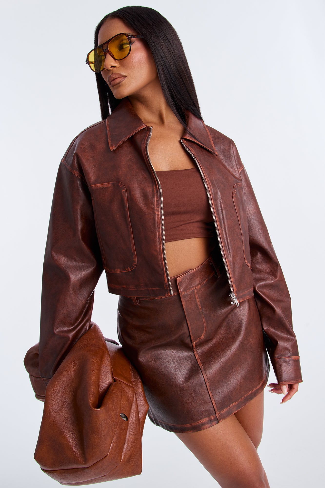Jillian Faux Leather Jacket Mini Skirt Set - Brown