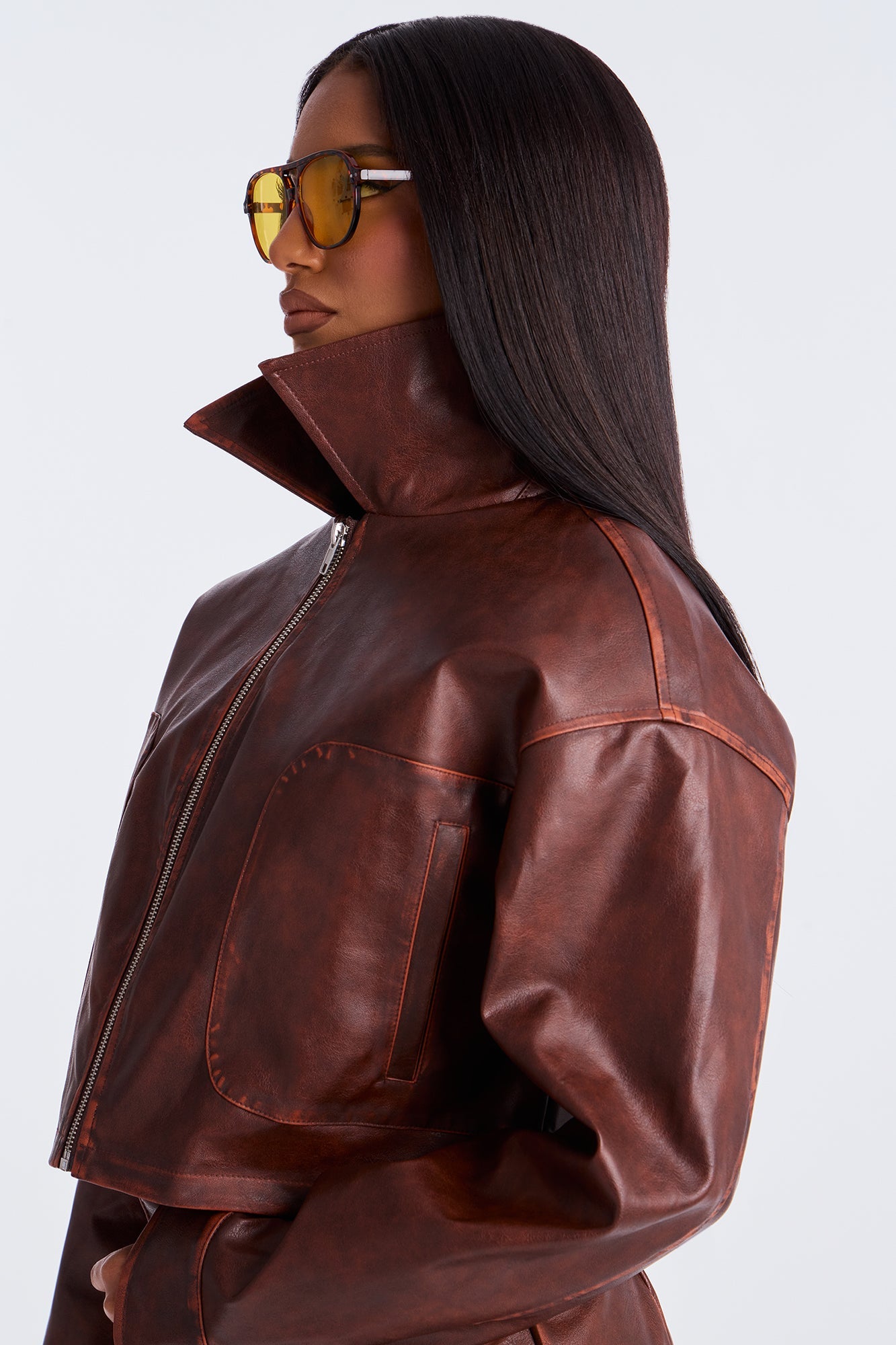 Jillian Faux Leather Jacket Mini Skirt Set - Brown