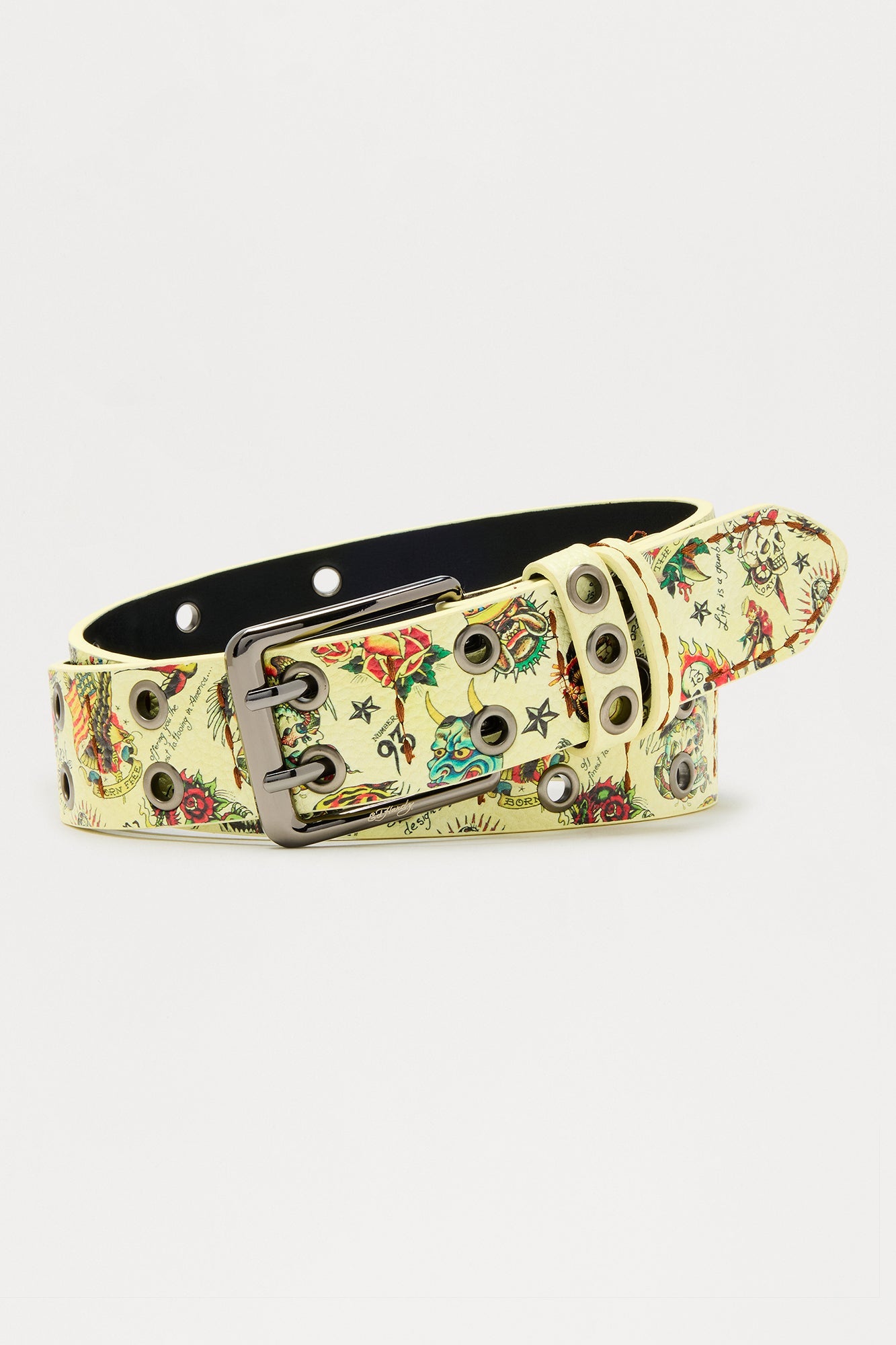 Ed Hardy Tattoo Faux Leather Grommet Belt - Tan/Multi