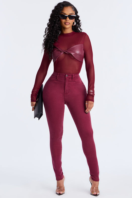 Classic High Waist Skinny Jeans - Burgundy