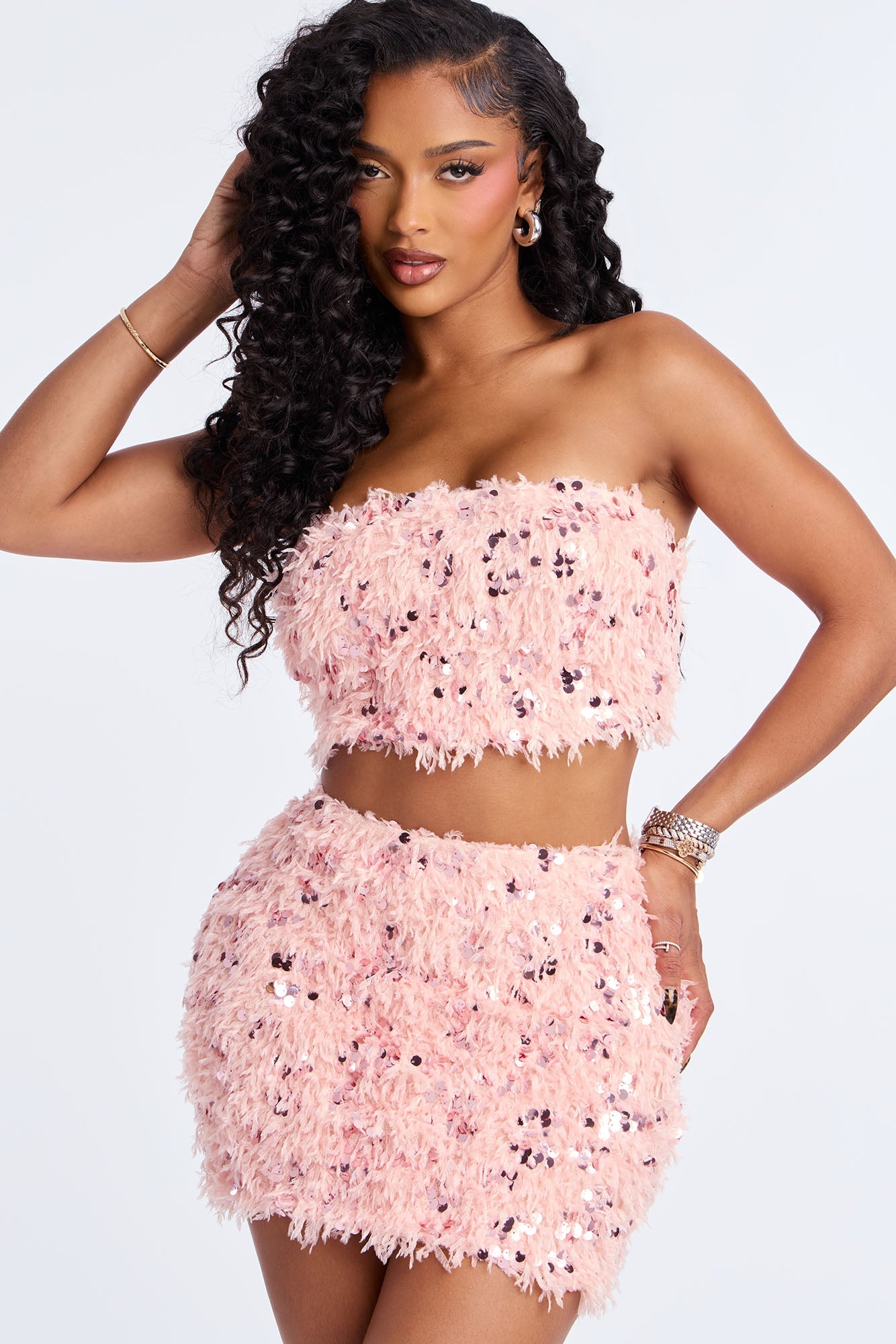 Mikayla Sequin Feather Micro ini Skirt Set - Pink