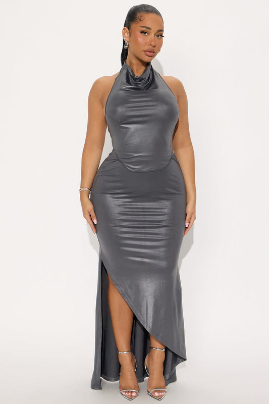 Sasha Faux Leather Halter Maxi Skirt Set - Charcoal