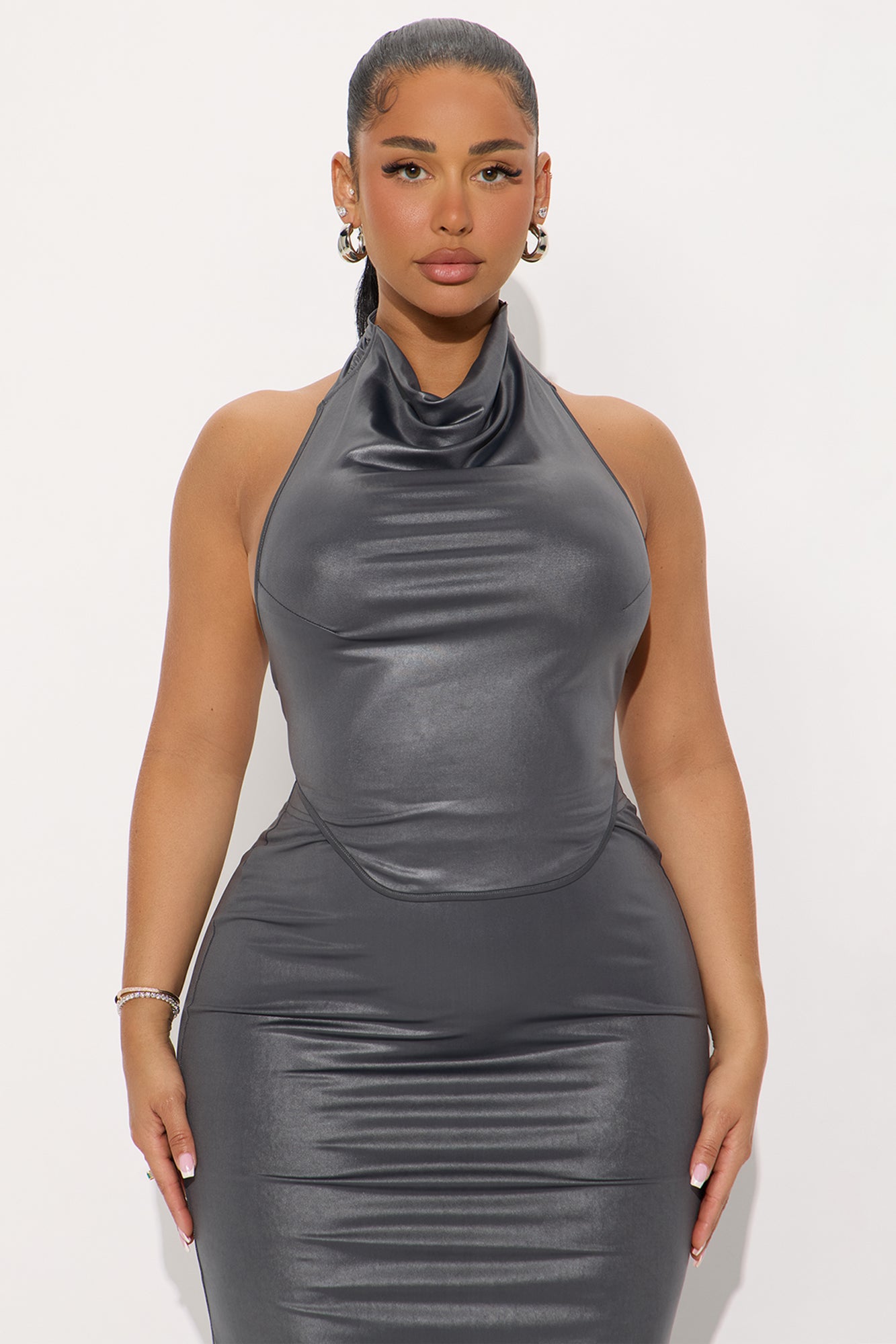 Sasha Faux Leather Halter Maxi Skirt Set - Charcoal