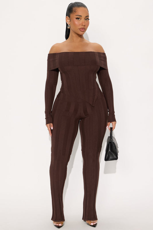 Vivien Off Shoulder Sweater Pant Set - Chocolate