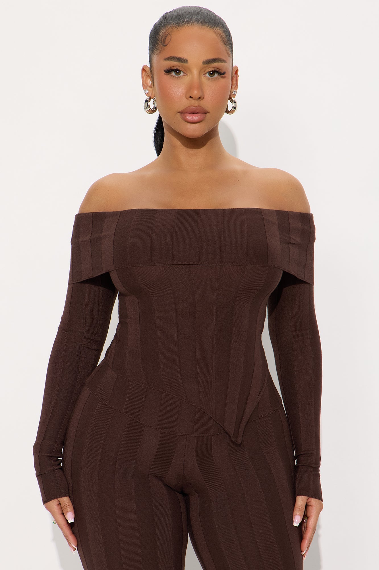 Vivien Off Shoulder Sweater Pant Set - Chocolate