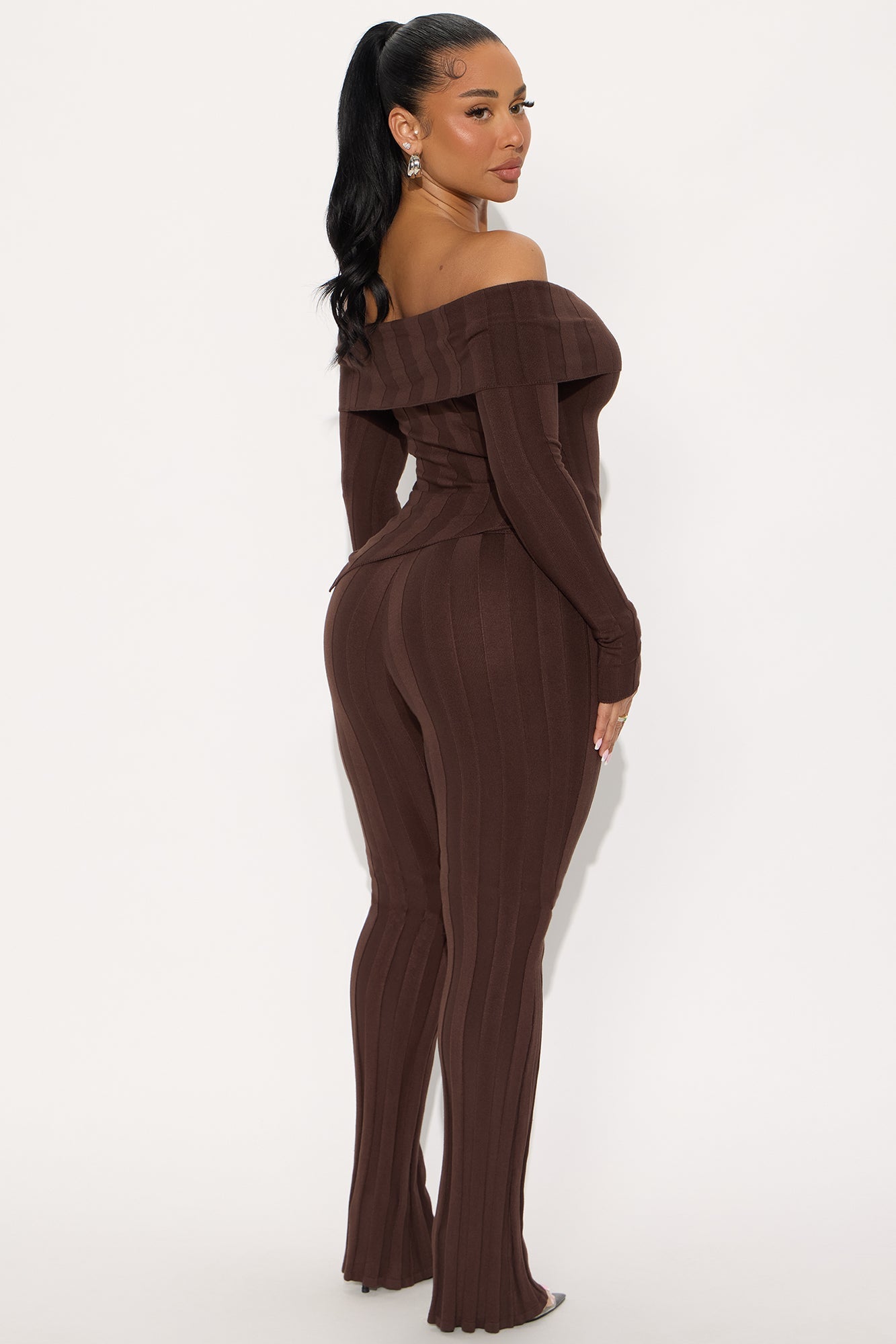 Vivien Off Shoulder Sweater Pant Set - Chocolate