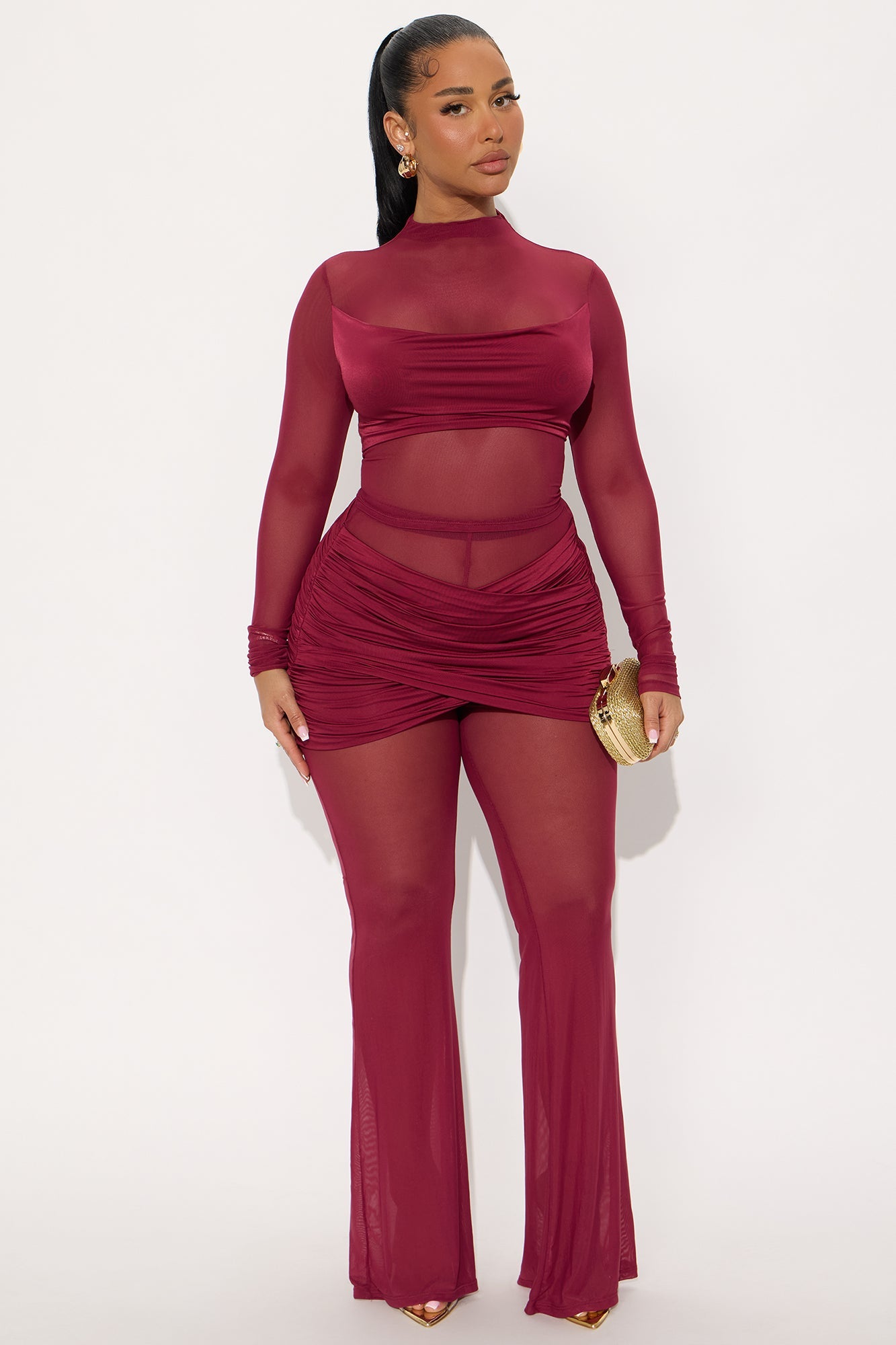 Lara Ruched Mesh Pant Set - Burgundy